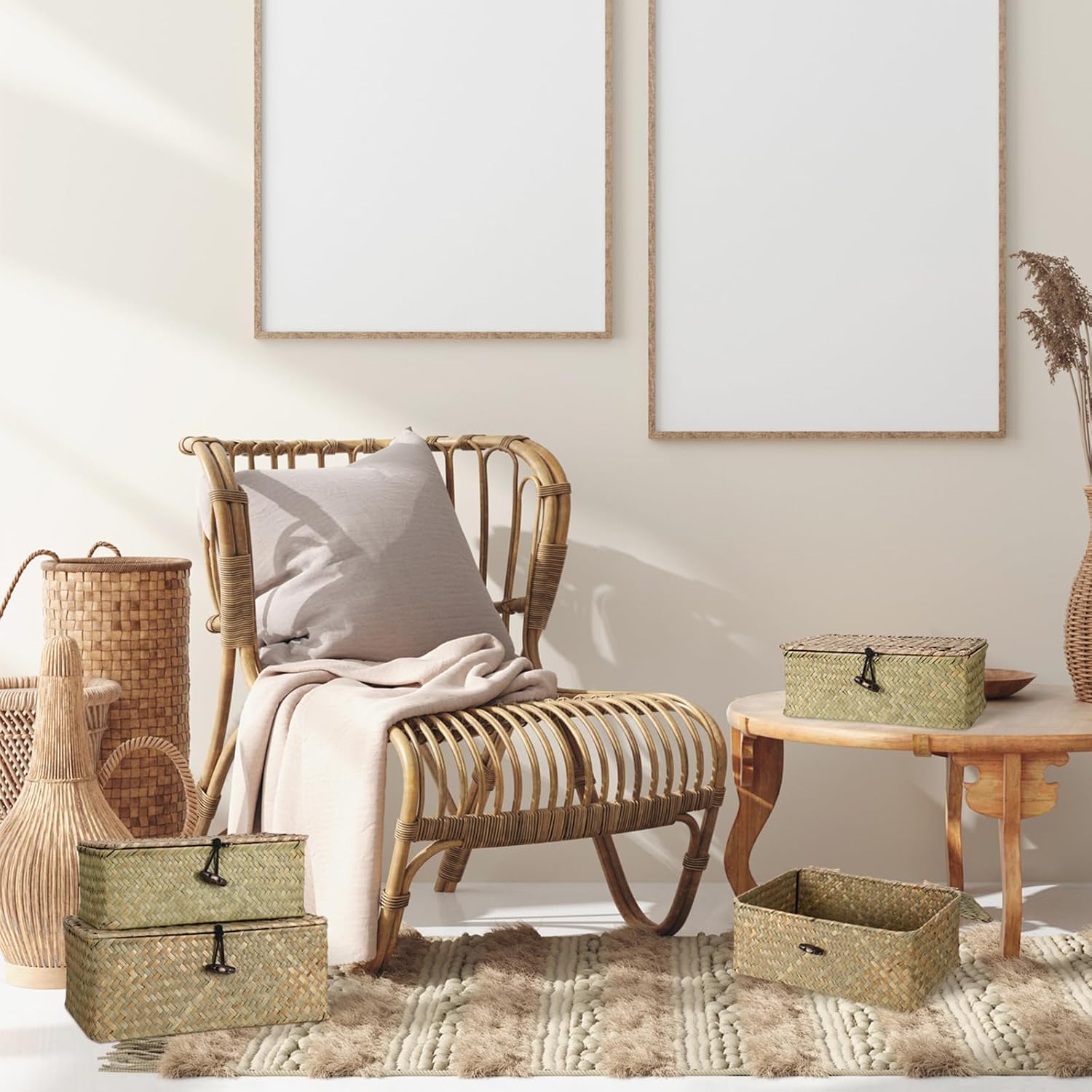 Wicker Baskets / Woven Rectangular Basket Bins / Natural Color / Set of 4