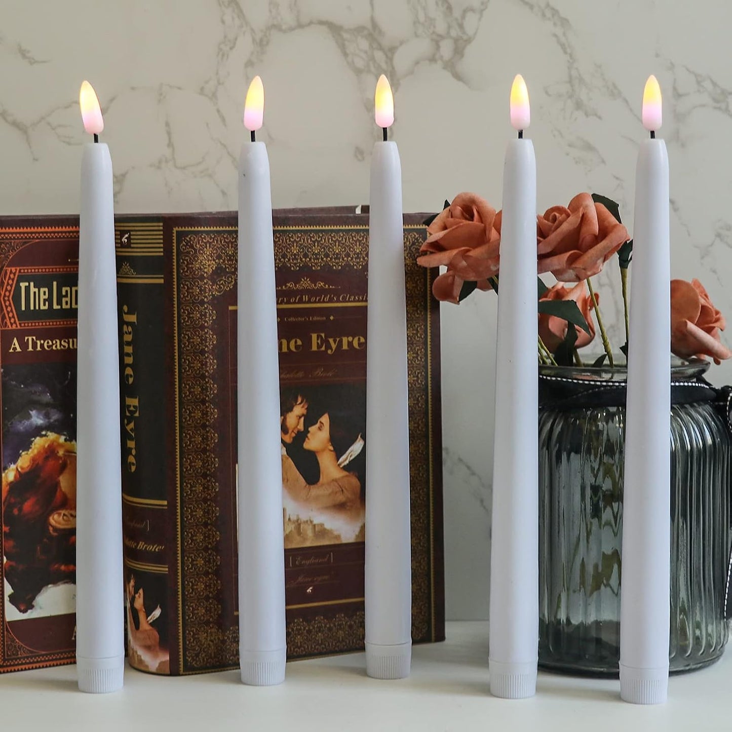 White Flameless Taper Candles Battery Operated Remote Timer 8 Pack | 3D Wick Flickering LED Candlesticks, 400 Hours