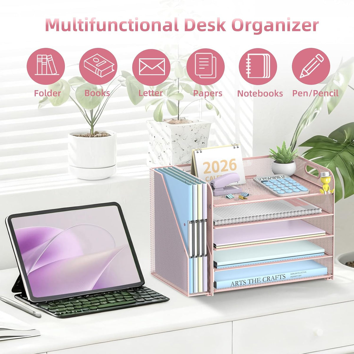 5-Tier Desk Organizer with File Holder, Paper Organizer for Desk, Pink | 5 Letter Trays and Vertical File Holder with