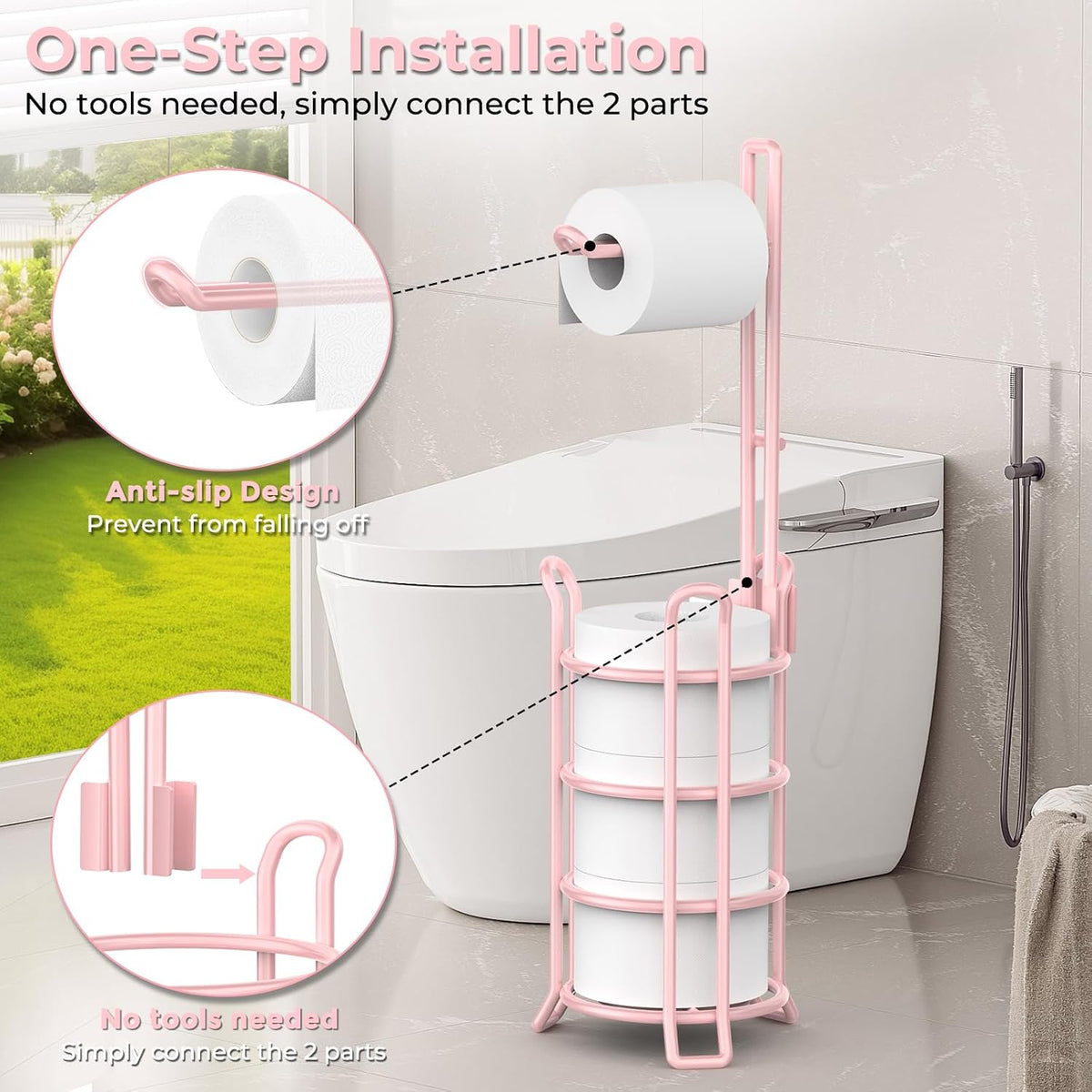 TomCare Toilet Paper Holder Stand Free Standing, Holds 4 Mega Rolls, Pink | Tool-Free Assembly, Detachable Metal Wire