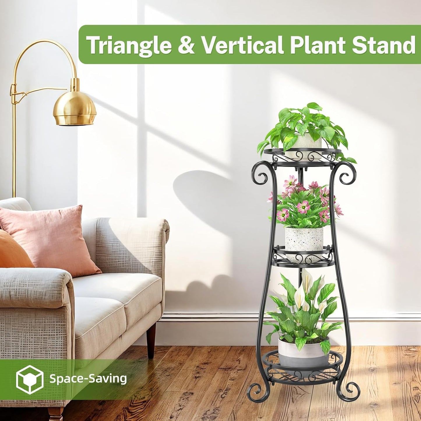 iDavosic.ly 3 Tier Tall Metal Plant Stand Outdoor Indoor, 34 Inch, Black | Corner Flower Pot Holder Shelf, Wrought Iron