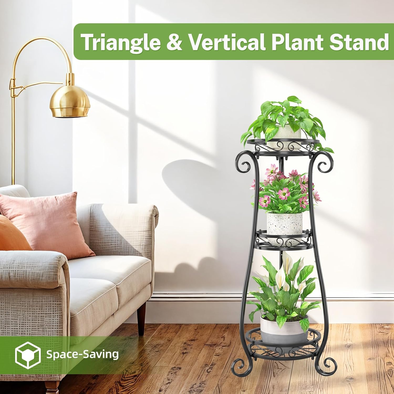iDavosic.ly 3 Tier Tall Metal Plant Stand Outdoor Indoor, 34 Inch, Black | Corner Flower Pot Holder Shelf, Wrought Iron