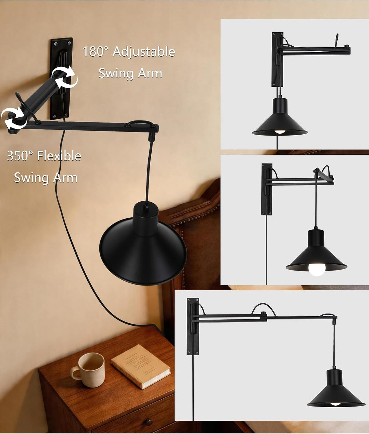 Plug in Wall Sconces, Swing Arm Wall Lamp with Dimmable Switch, Wall Sconce with Plug in Cord for Bedside Bedroom