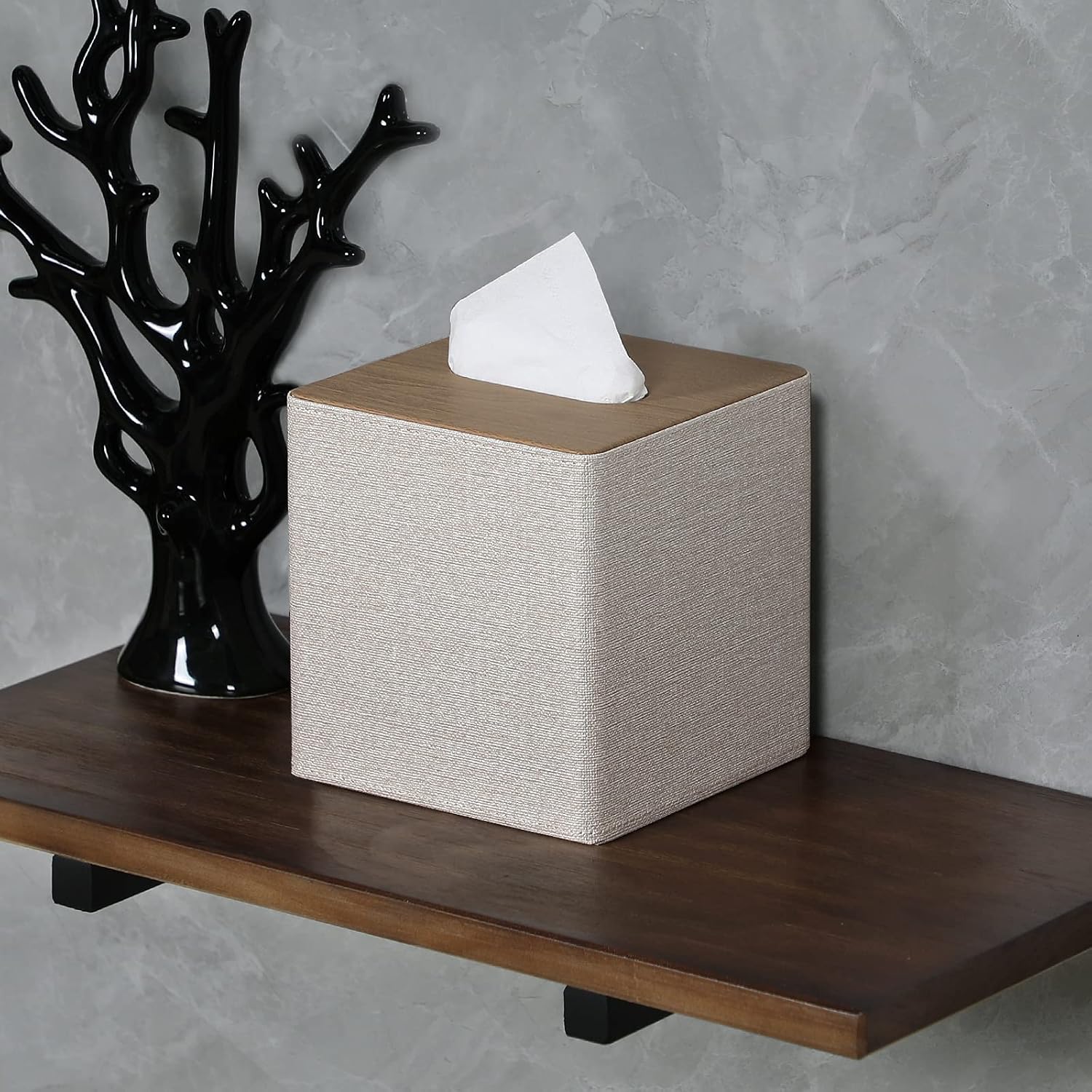 Tissue Box Cover Square PU Leather Facial Tissue Box Holder for Dresser Bathroom Decor / Beige
