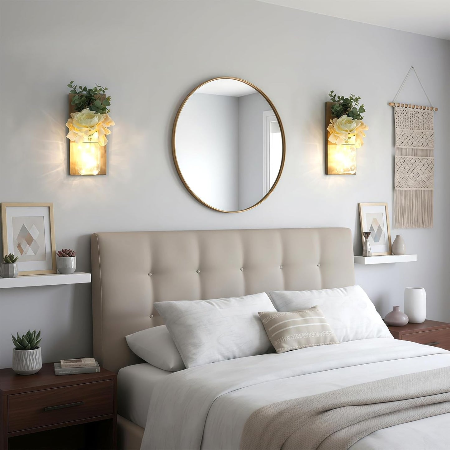 Rustic Mason Jar Wall Sconces / 11.8"H Jacobean + Rose / Set of 2