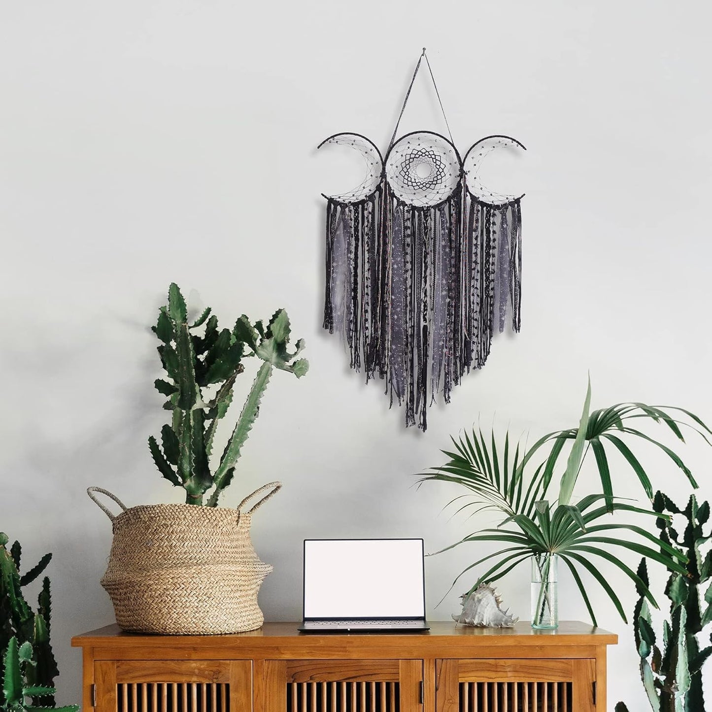 Black Triple Moon Goddess Macrame Wall Hanging / Shadow Black