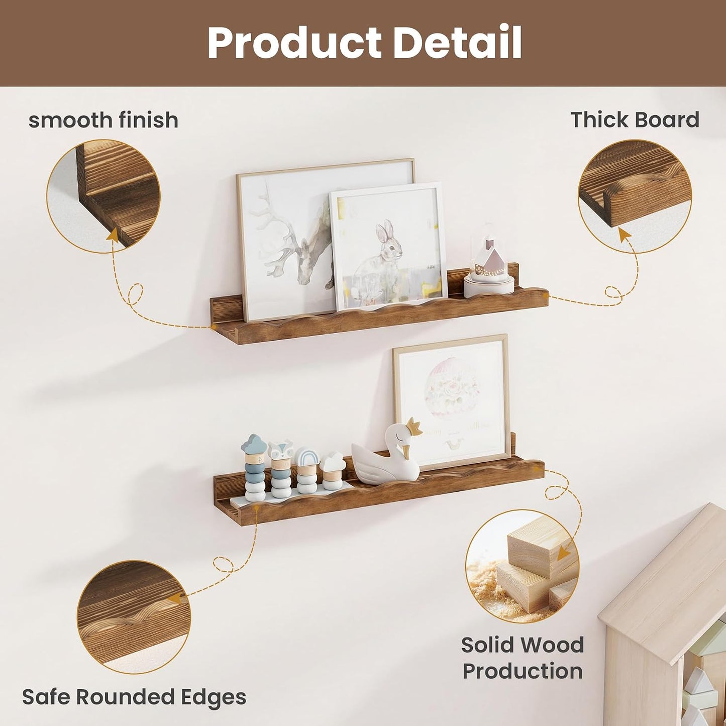 Fun Memories Picture Ledge Shelf for Wall, 24 inch Pine Wood Nursery Book Shelves Set of 2- Wall Book Shelves for Kids