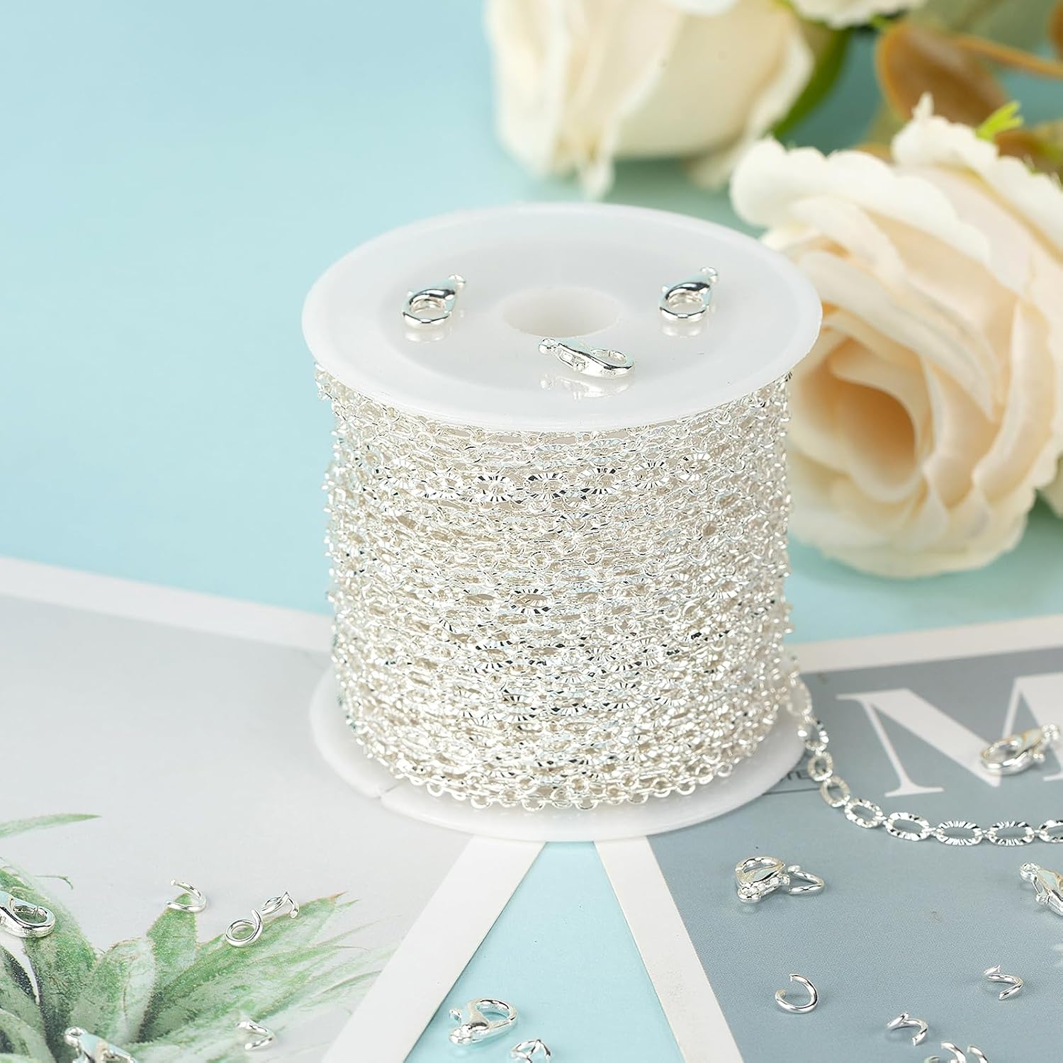 Silver Jewelry Chain for Jewelry Making Silver Plated Brass Chain Roll Women / Silver Embossed Oval