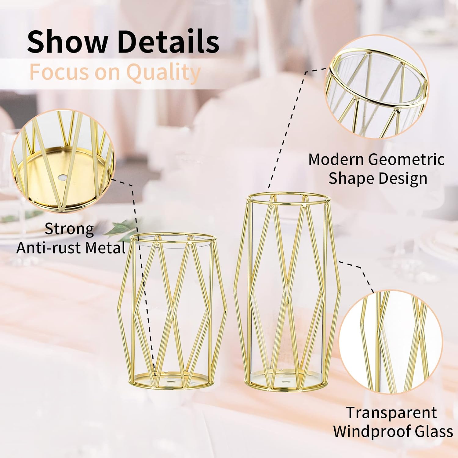 NUPTIO Gold Geometric Hurricane Glass Candle Holders, Set of 2 | 2 Graduated Diamond Frames, Clear Cylinder Vases, for