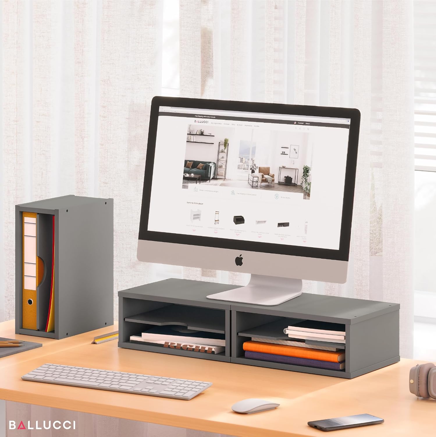Ballucci File Organizer, 2-Tier Document Paper Sorter, Stackable Wood Desk Organizer Mail Holder, Monitor Stand with