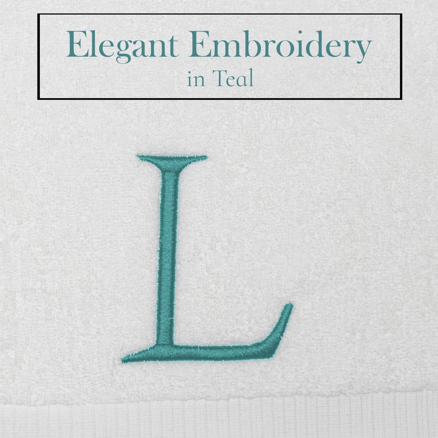 White with Teal Monogrammed Hand Towels for Bathroom - Set of 2 Letter L | Luxury Hotel Quality Initial Towels For