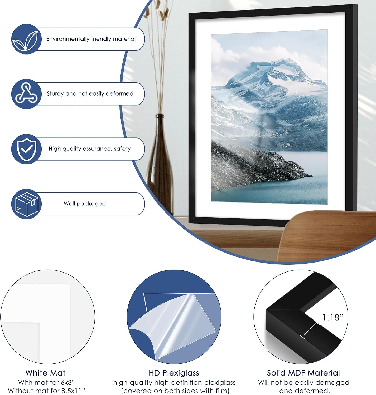 20x28 Picture Frame Set of 6, Wall Mount Display, Black | Display 16x24 with Mat or 20x28 Without Mat, Horizontal or