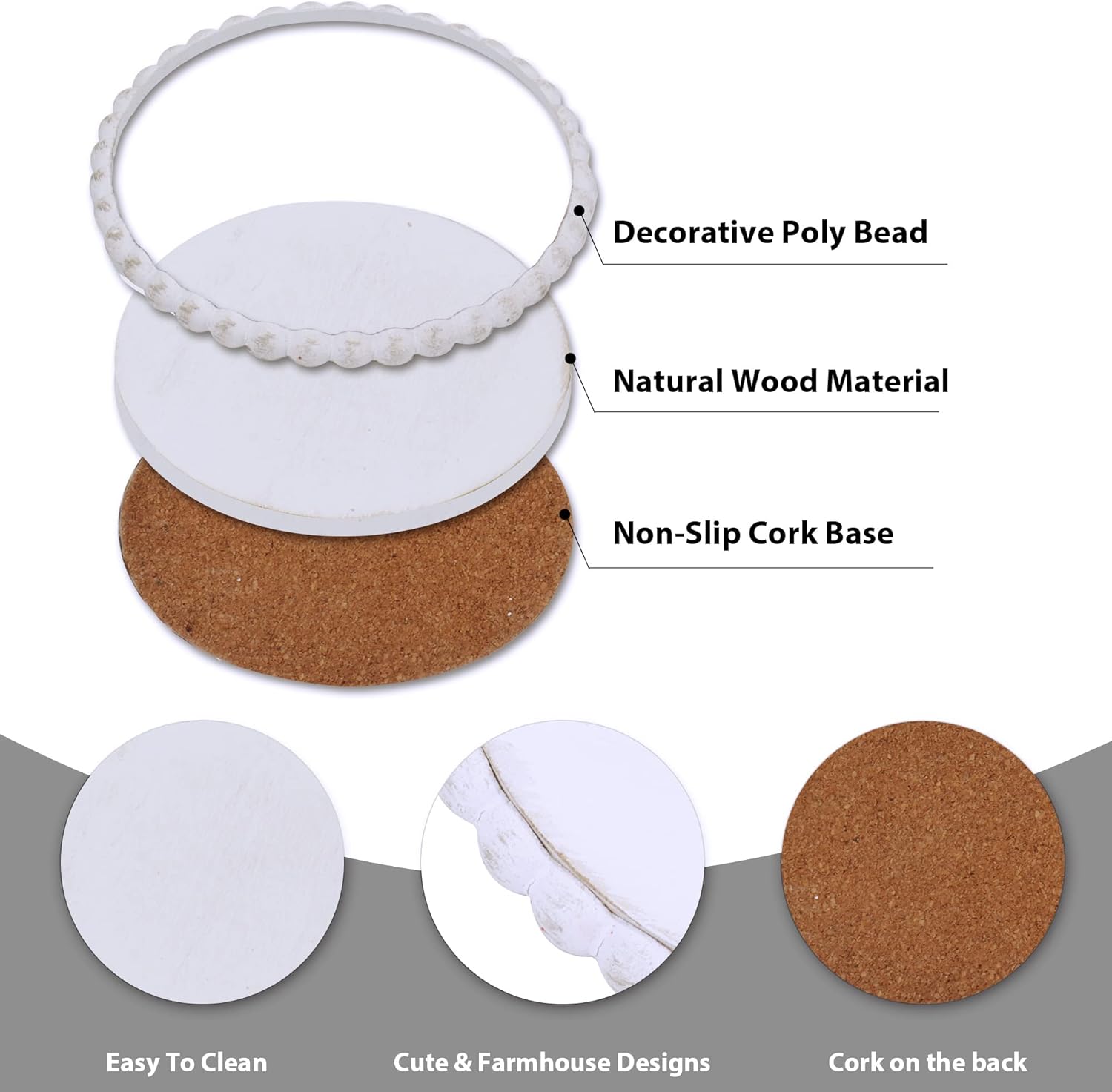 Metal Holder / GENMOUS Farmhouse Wooden Bead Coasters / White / Set of 6
