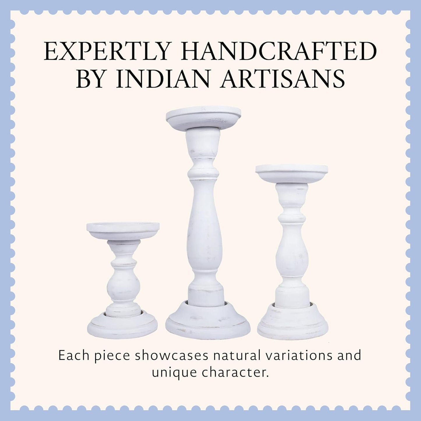 Tuli Mango Wood Candle Holders - Shabby White, Set of 3 | Hand-carved candle holders for table, mantel and living room