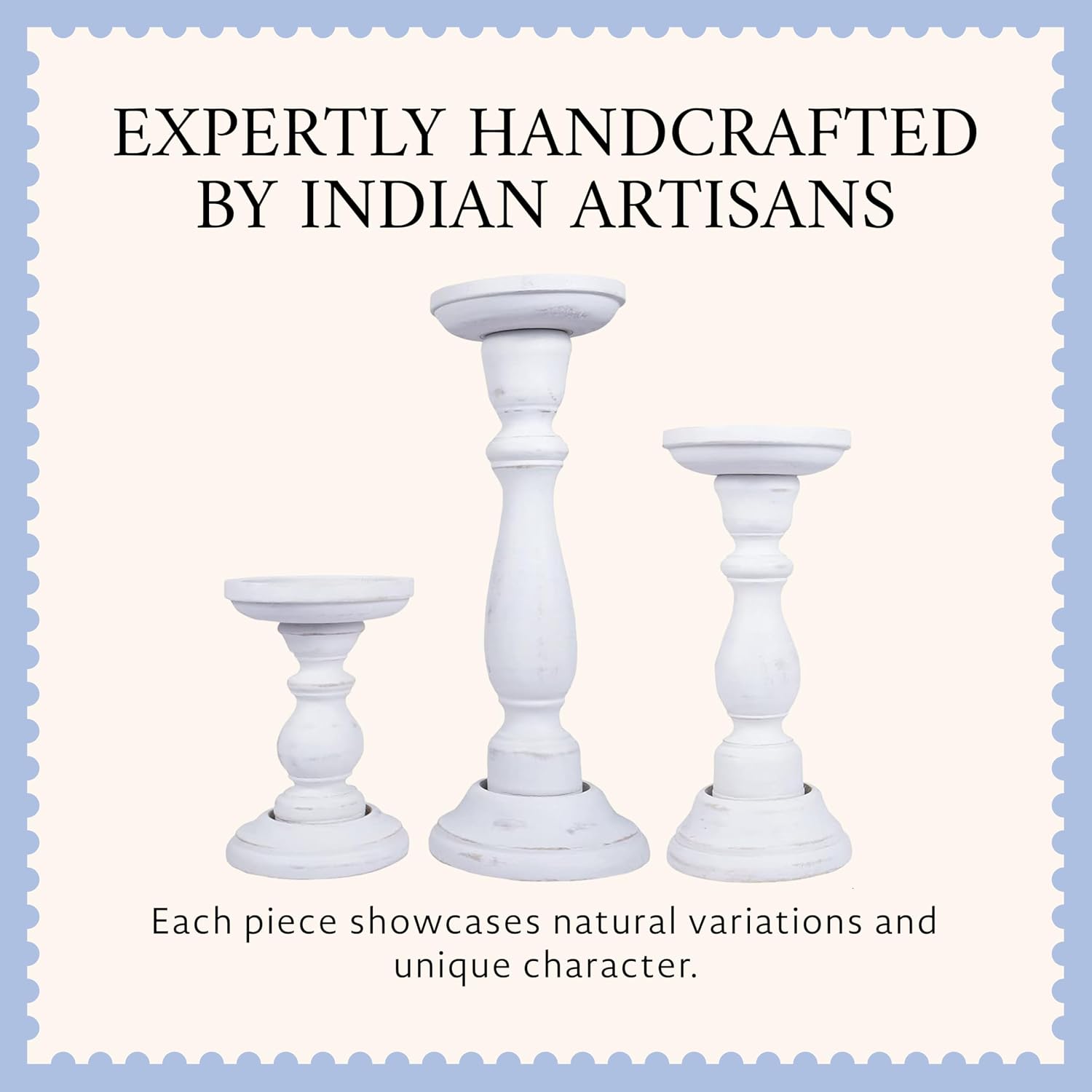 Tuli Mango Wood Candle Holders - Shabby White, Set of 3 | Hand-carved candle holders for table, mantel and living room