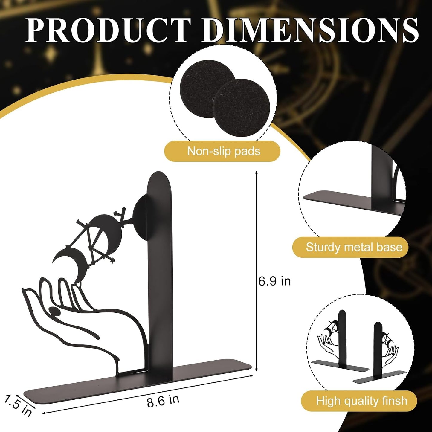 Metal Moon Phases Bookends Heavy Duty Gothic Book Ends