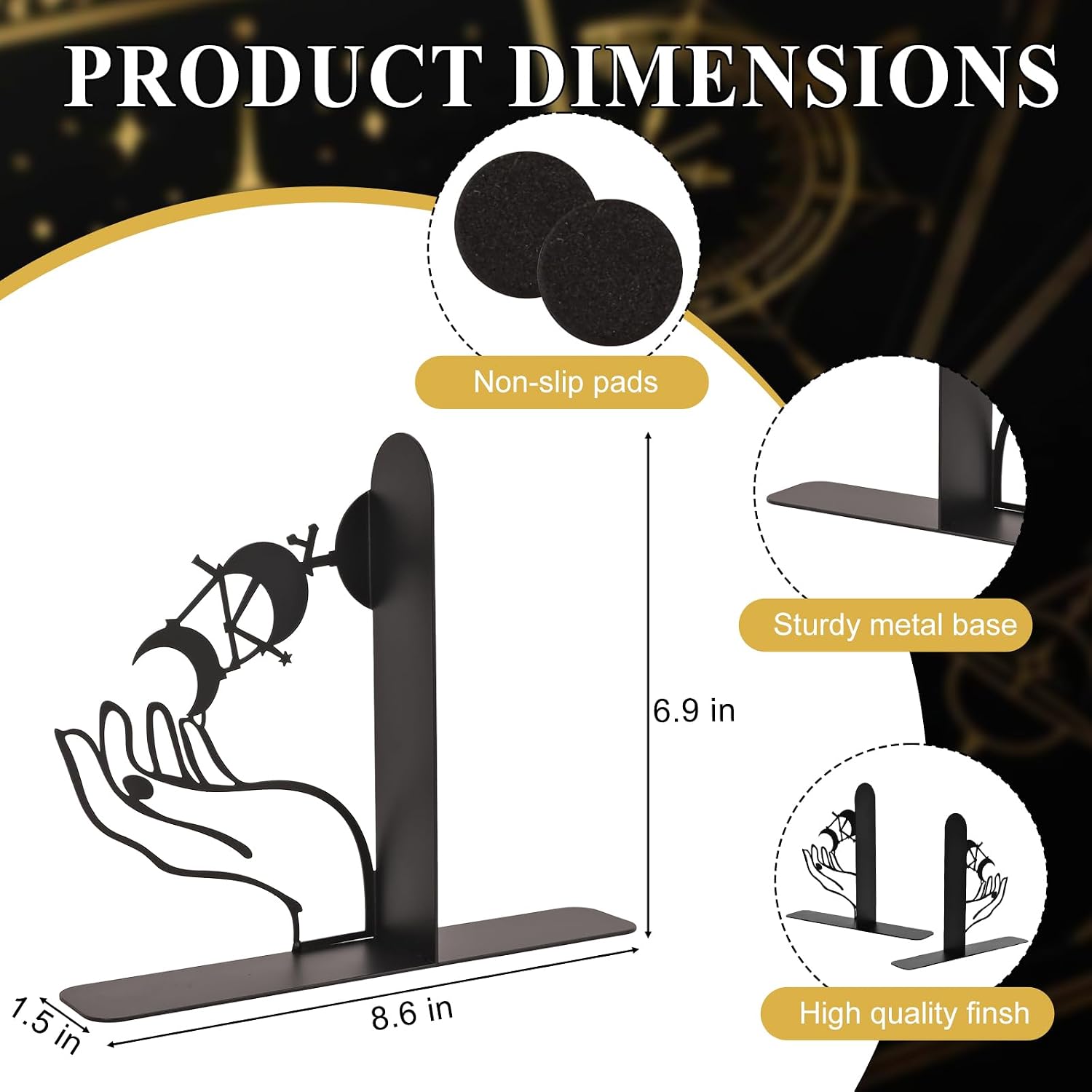 Metal Moon Phases Bookends Heavy Duty Gothic Book Ends