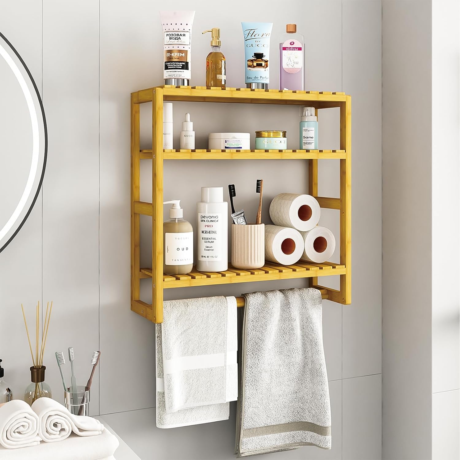 Galood Over The Toilet Storage Bathroom Shelves Wall Mounted 3 Tier Yellow | Space Saver Corner Shelf Organizer Bamboo