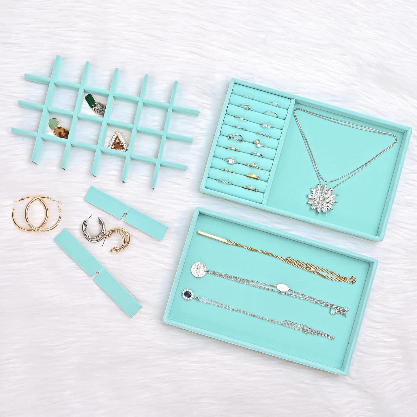 Stackable Jewelry Organizer Trays for Drawers / 4 Layers / Blue