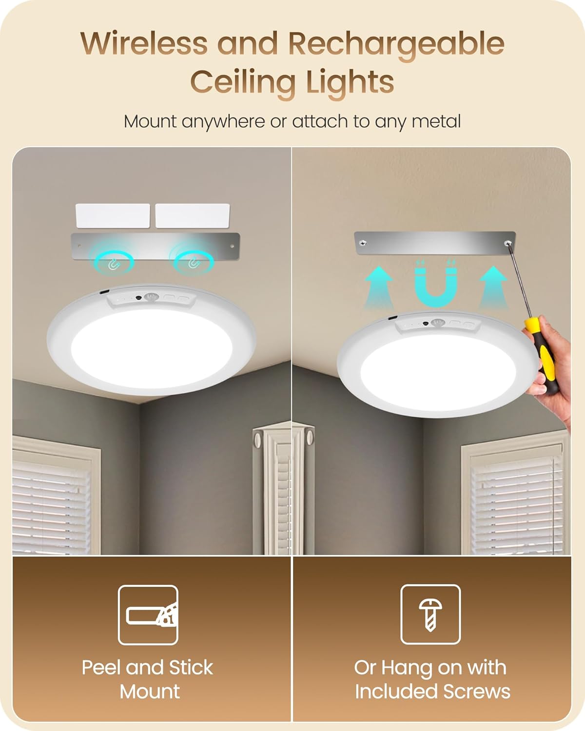 2 Pack Rechargeable Motion Sensor Ceiling Lights with Remote, Wireless Ceiling Light Battery Operated, Magnetic, 3CCT