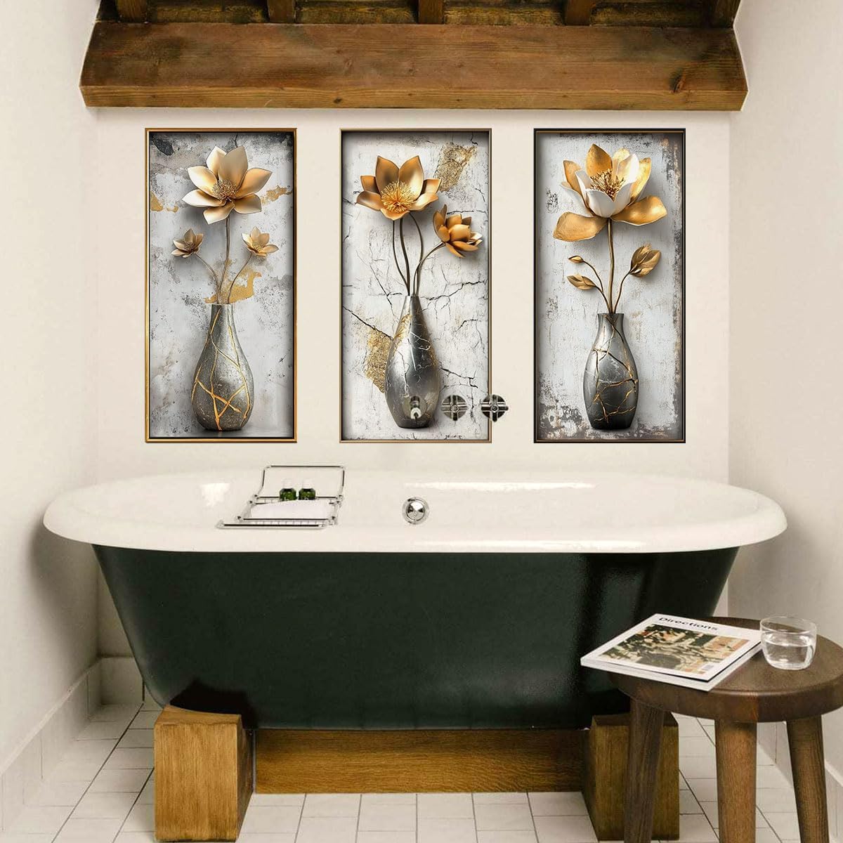 3D Flower Wall Art Stickers Floral Vase Wall Decals Peel and Stick Living Room / Large / Gold
