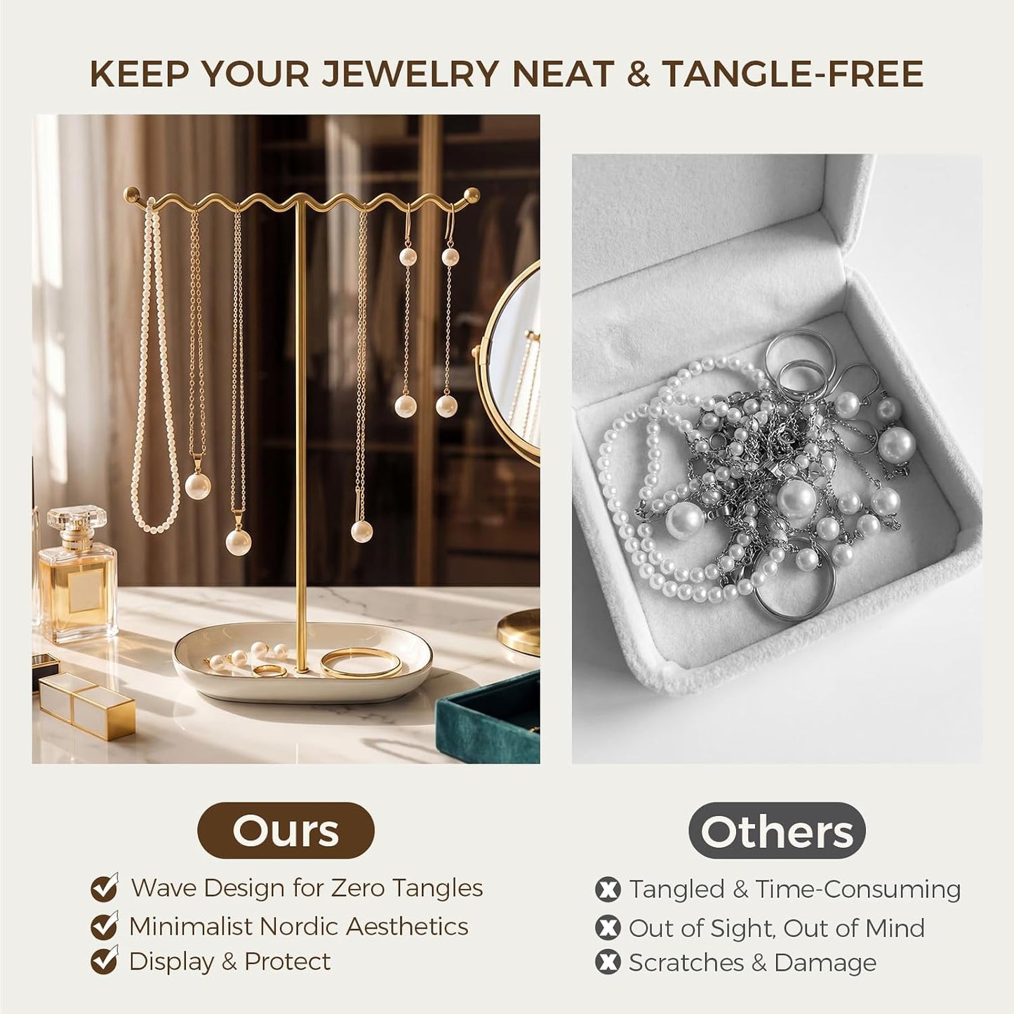 Ceramic Tray / Metal Necklace Holder Organizer for Rings Bracelets / Deluxe White