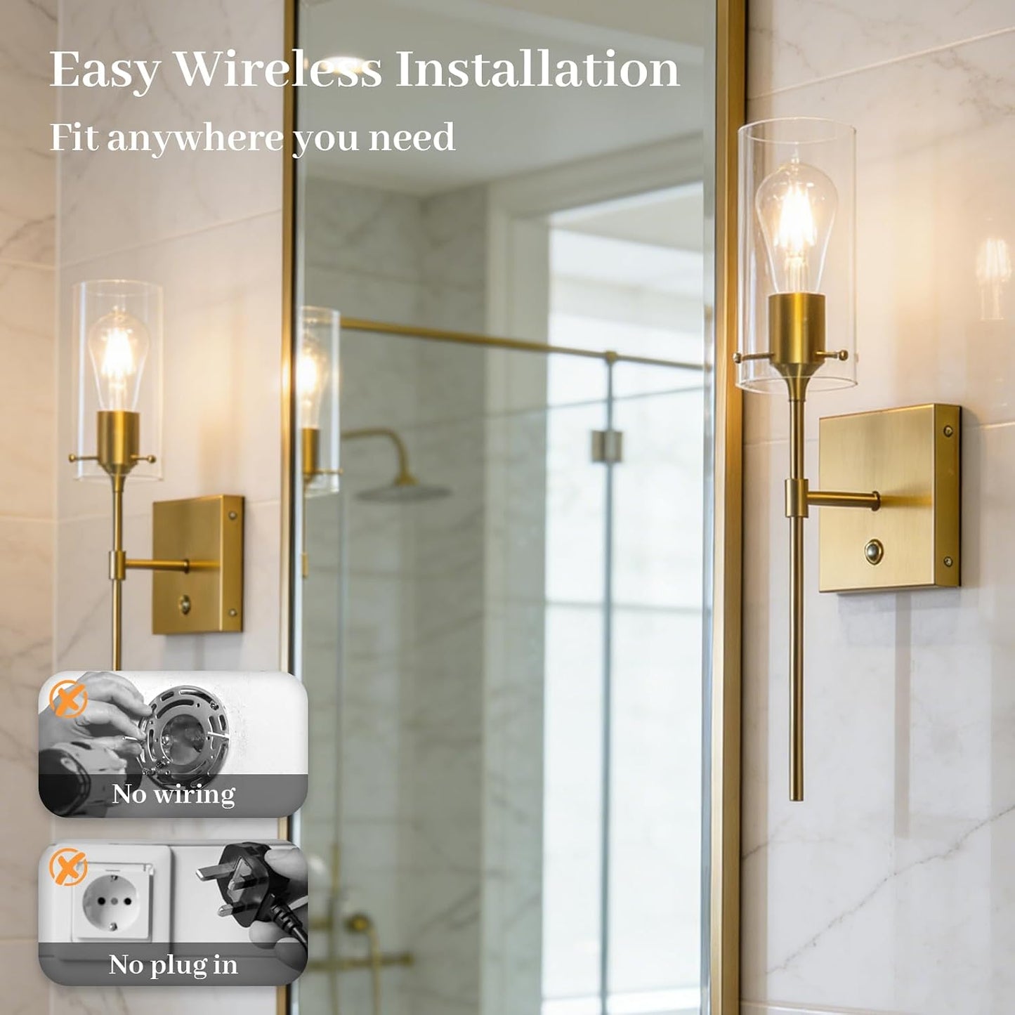 Battery Operated Wall Sconces Set of 2 with Remote Control, Gold | Dimmable 3 Colors, Wireless Rechargeable Wall Lights