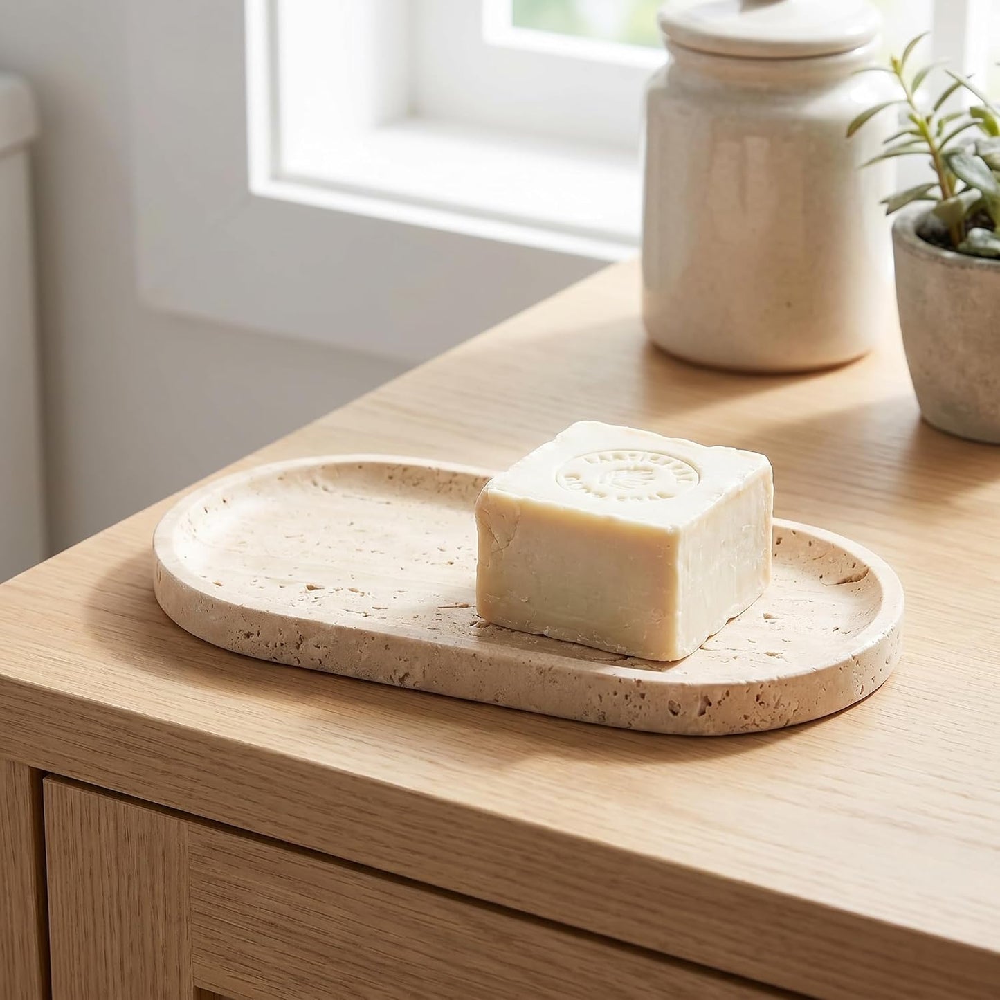 Oval Real Marble Tray / Yellow Travertine / 9.8 x 4.7