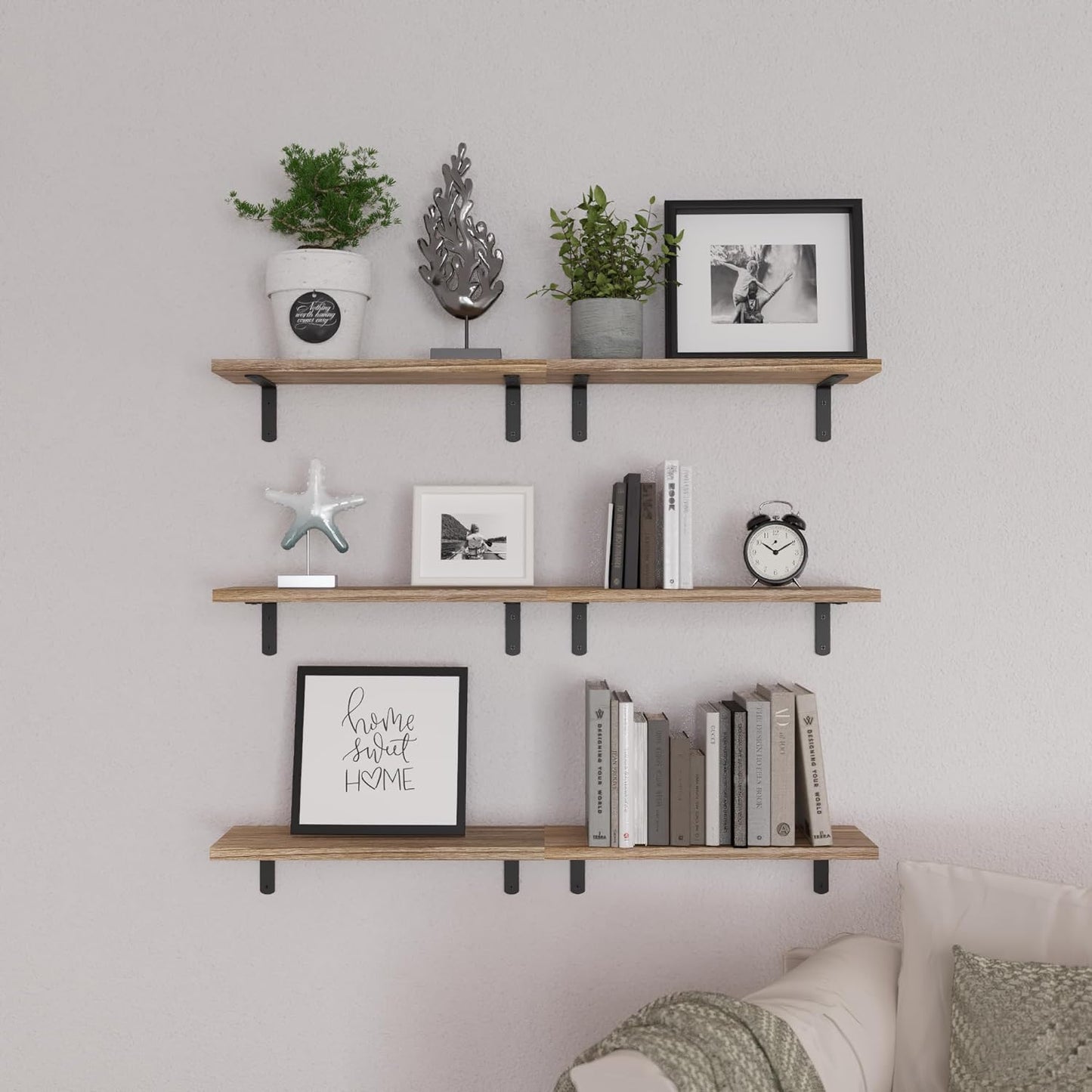 Wood Floating Shelves / 16.5 Inch / Rustic Brown / Set of 6