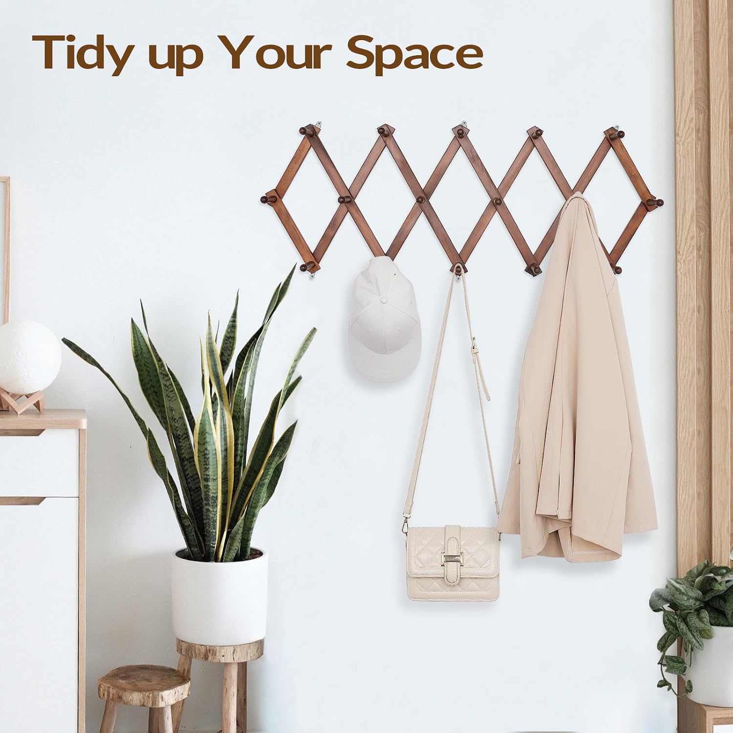 SCUNDA Hat Rack for Wall, Expandable Wall Hat Holder with 16 Hooks, 16 inch Wooden Wall Hook for Baseball Caps,Cowboy