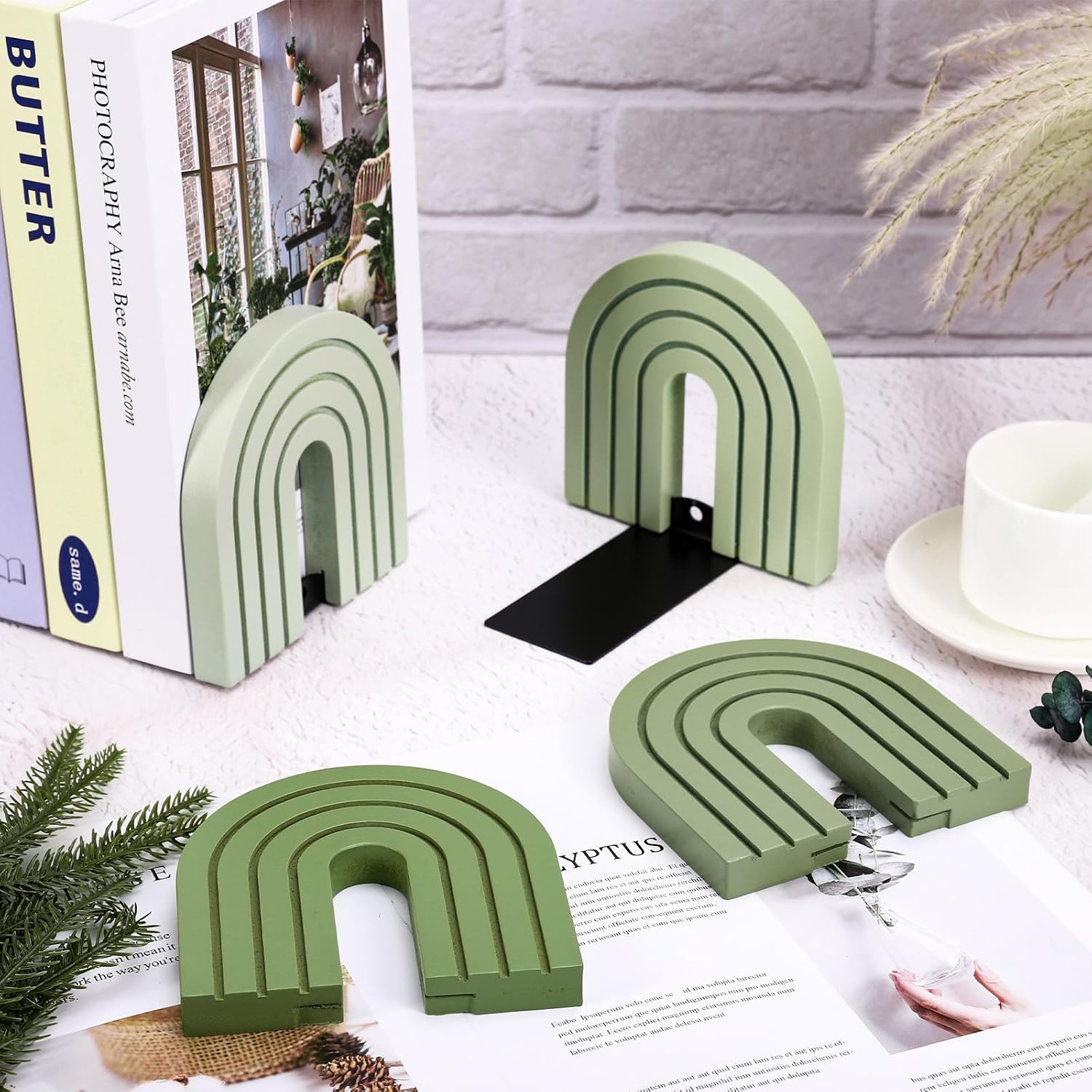 Boho Arch Wood Bookends Non Skid Book Stoppers Rainbow Shape Wooden Book / Sage Green / Set of 4