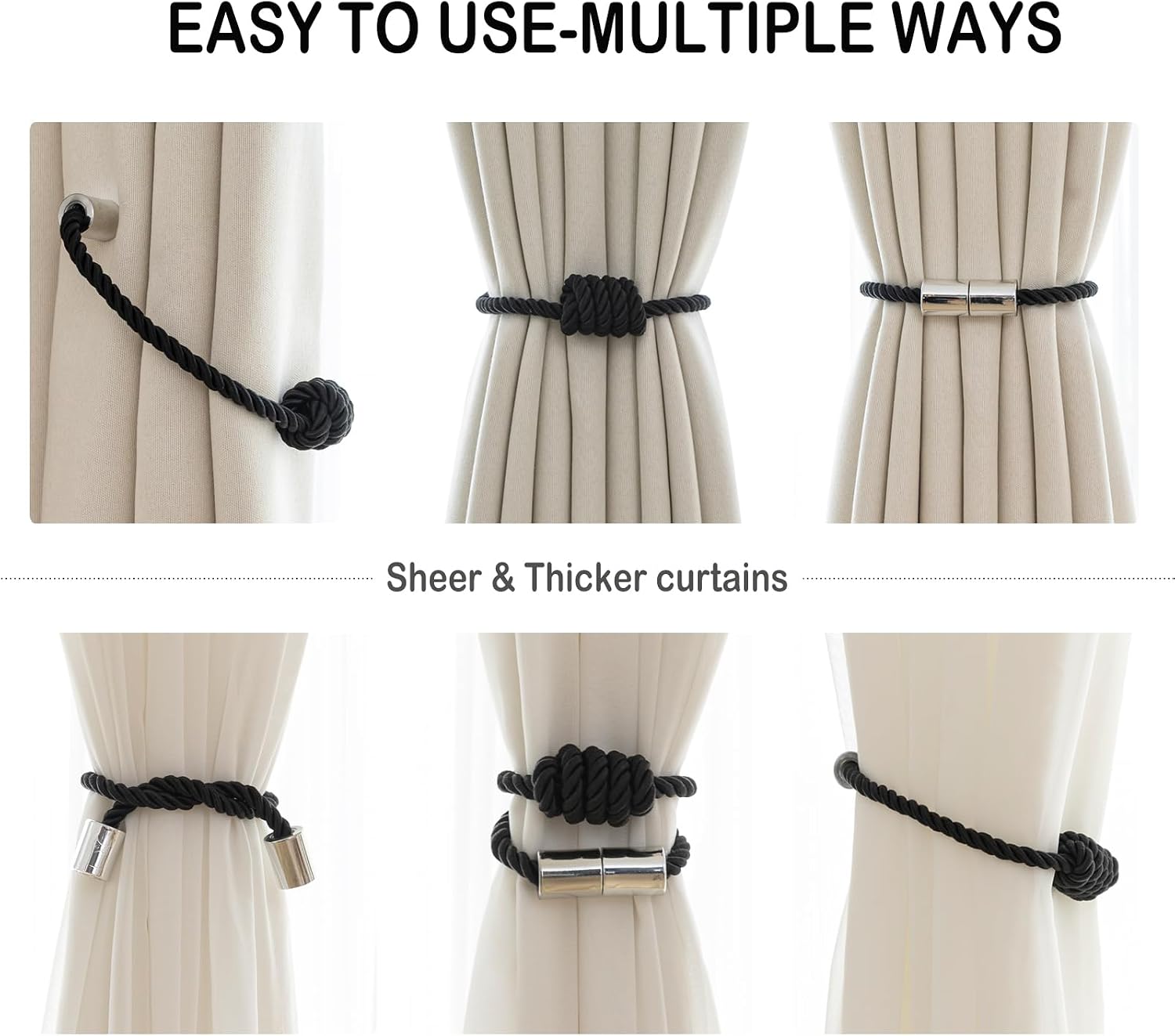 Curtain Tiebacks Magnetic Decorative Rope Tie Backs Holdbacks Contoeey | 8 Pack Black Modern Elegant Window Treatment