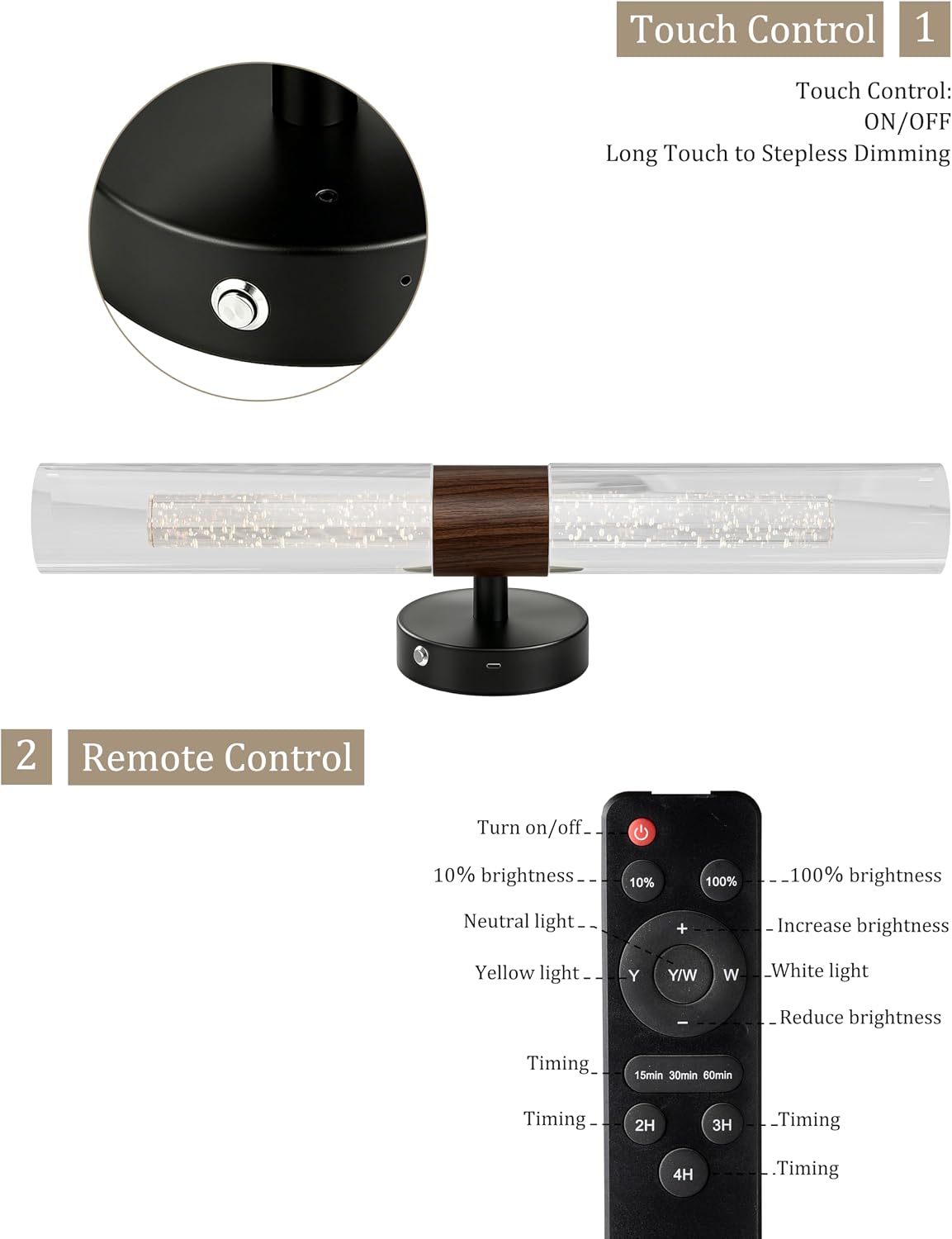 Black Walnut Wall Sconces Battery Operated with Remote, 21.5 Inch 3CCT | Rechargeable Wall Sconce with Timer, Dimmable