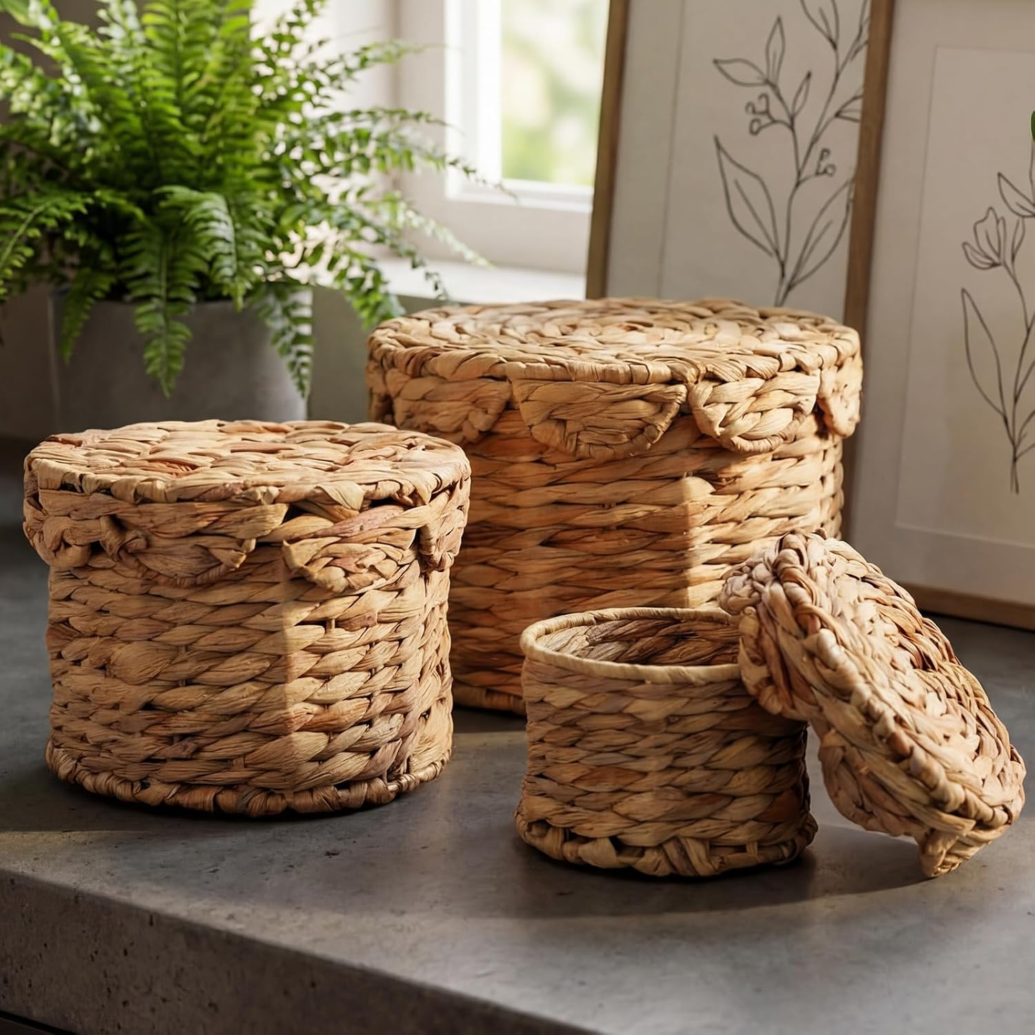 Scalloped Wicker Storage Baskets / Natural / Set of 3