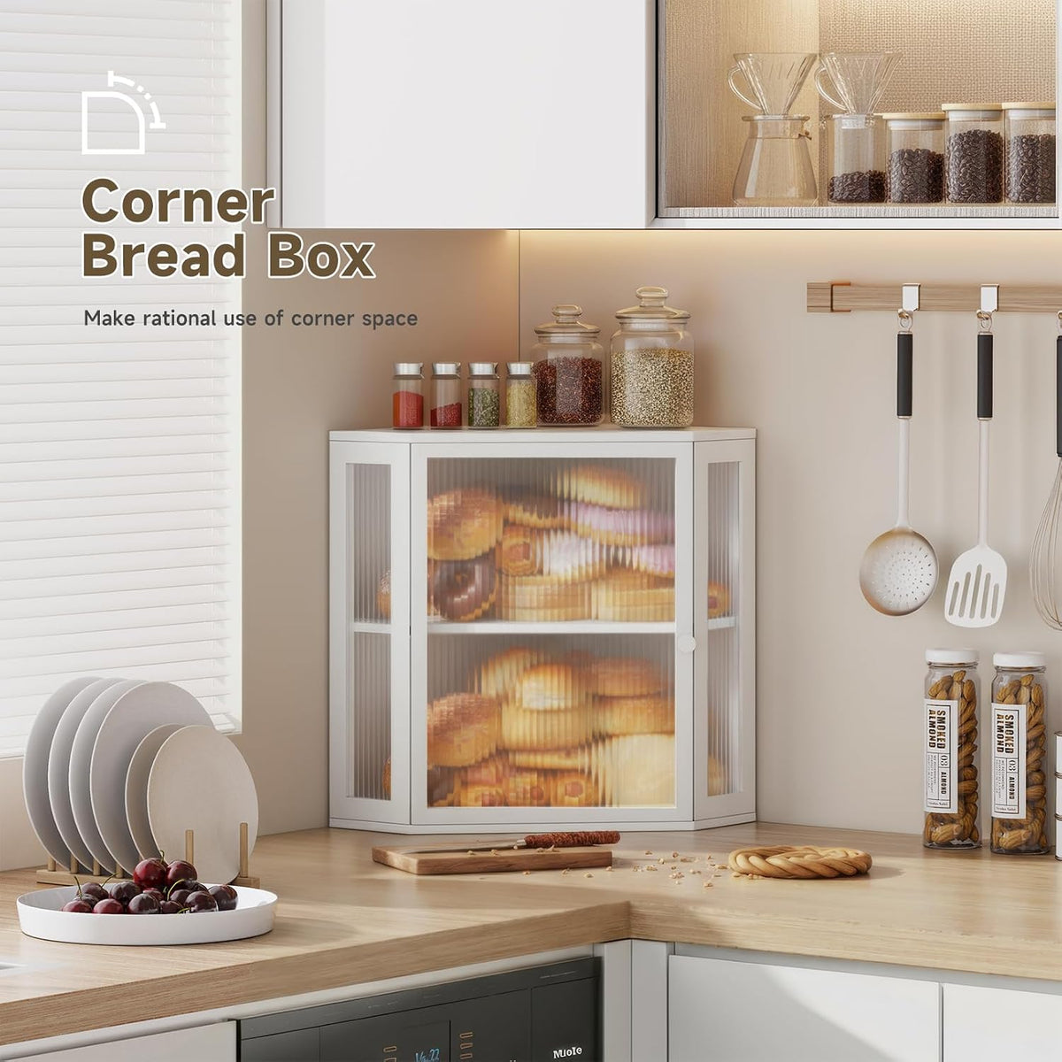 Corner Bread Box for Kitchen Countertop,Bread Storage (White, Extra Large) | Double Layer Large Capacity Bamboo Bread