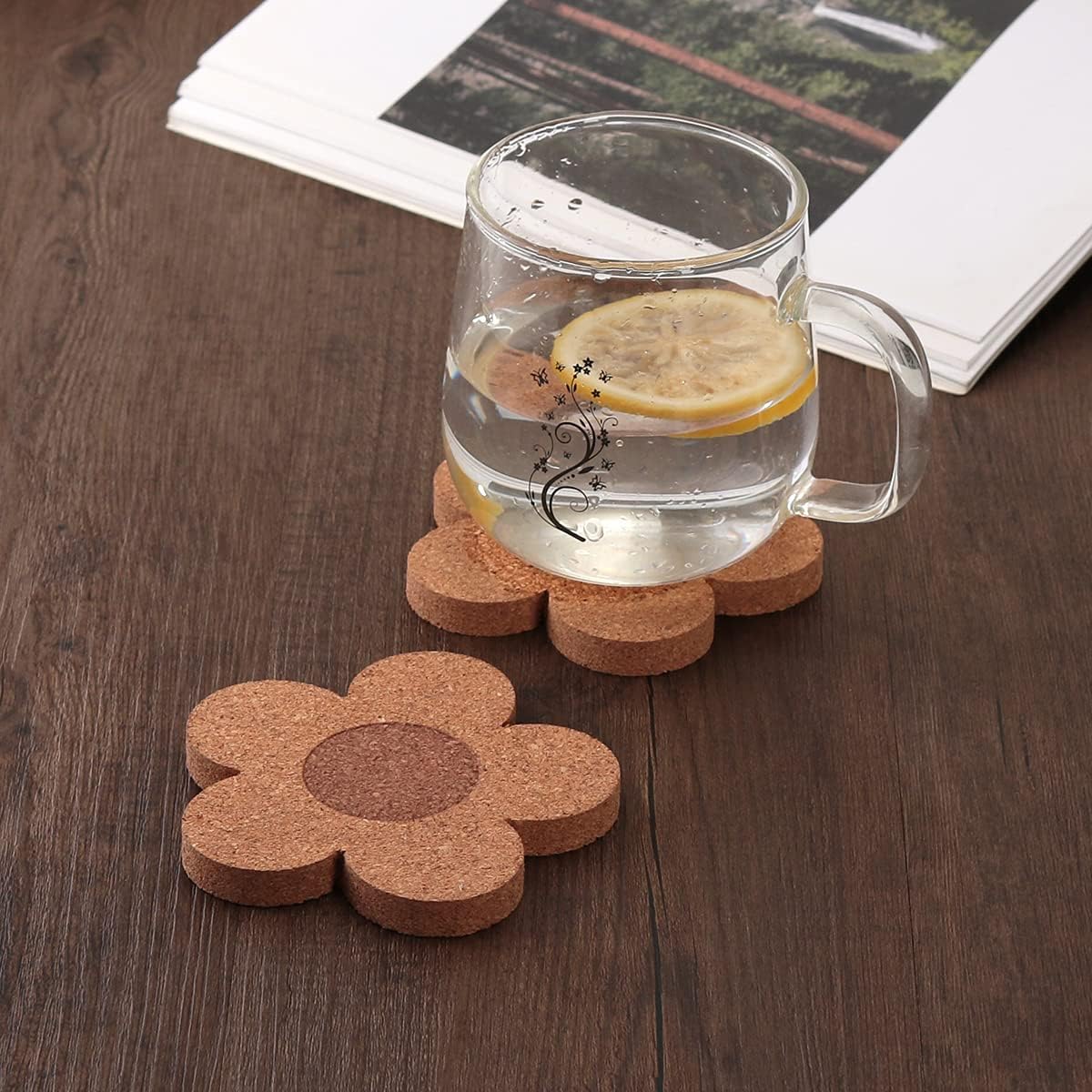 Absorbent and Reusable Coaster Set 100% Cork Flower / Flower Shape/ / Natural / 4 Inch / Set of 12