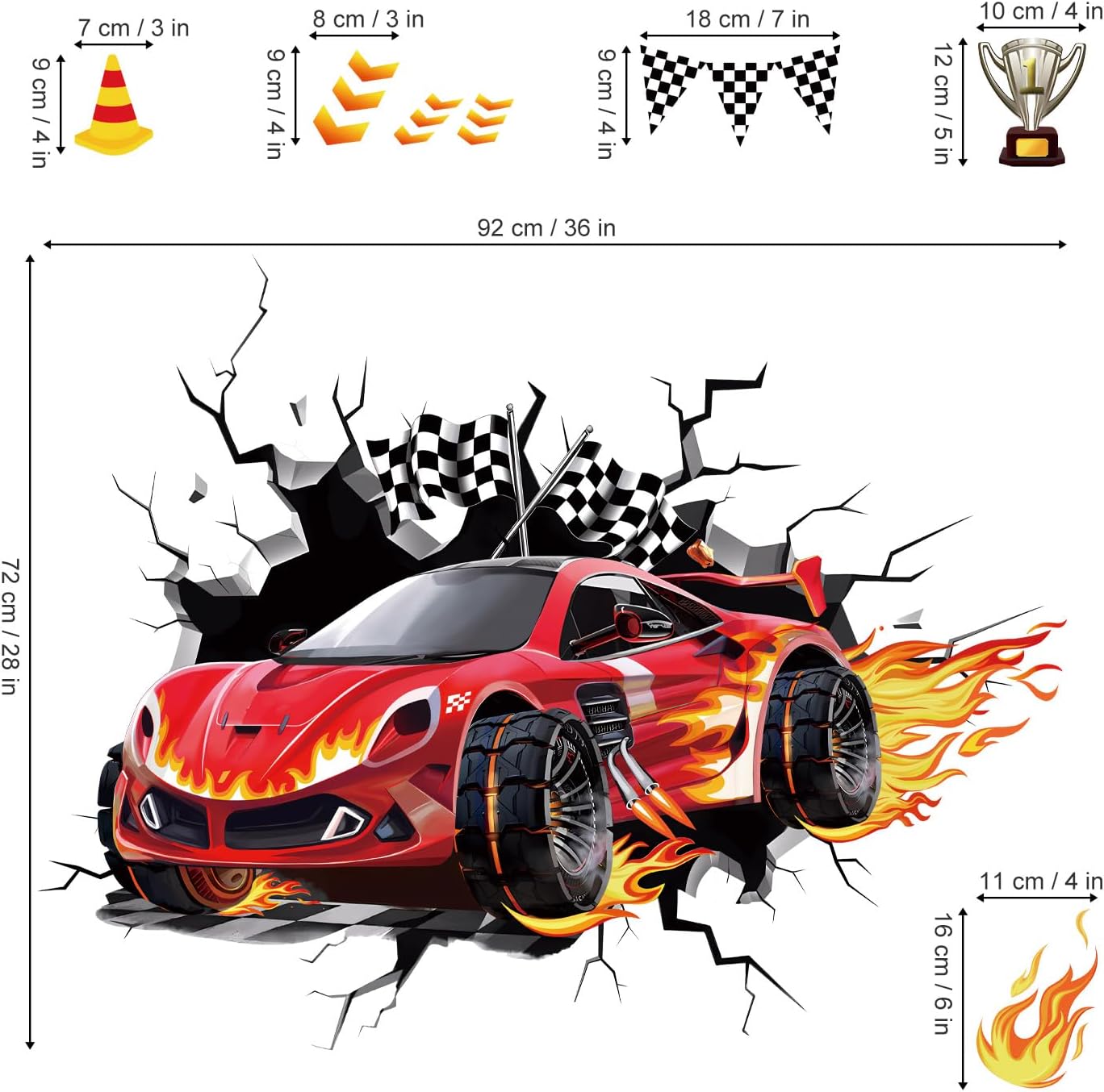 3D Racing Cars Wall Decals Cars Flags Wall Stickers Baby Nursery Boys Bedroom Kids Room / A / Red