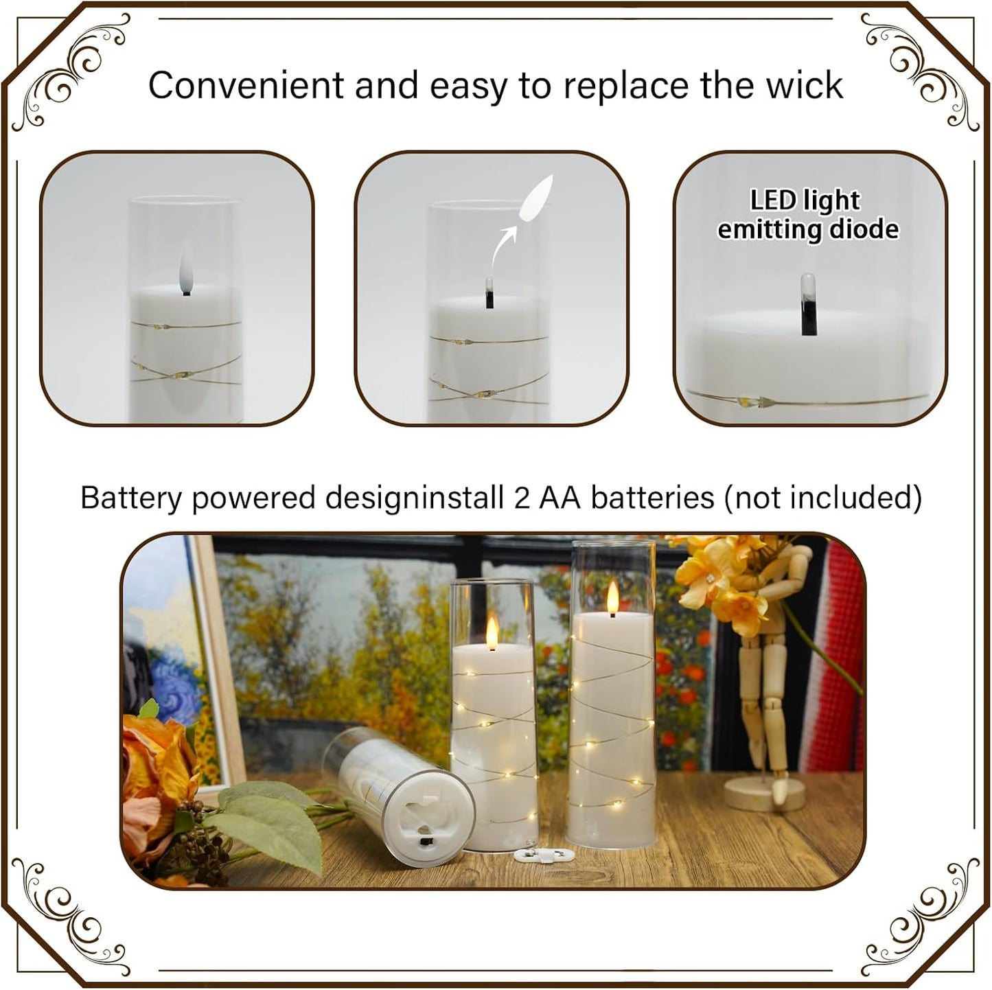 Nimiko Flickering Flameless LED Candles, 9 Pcs with Embedded Star String, Acrylic LED Pillar Candles with Remote