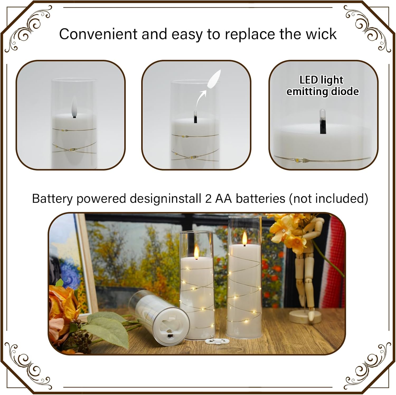 Nimiko Flickering Flameless LED Candles, 9 Pcs with Embedded Star String, Acrylic LED Pillar Candles with Remote