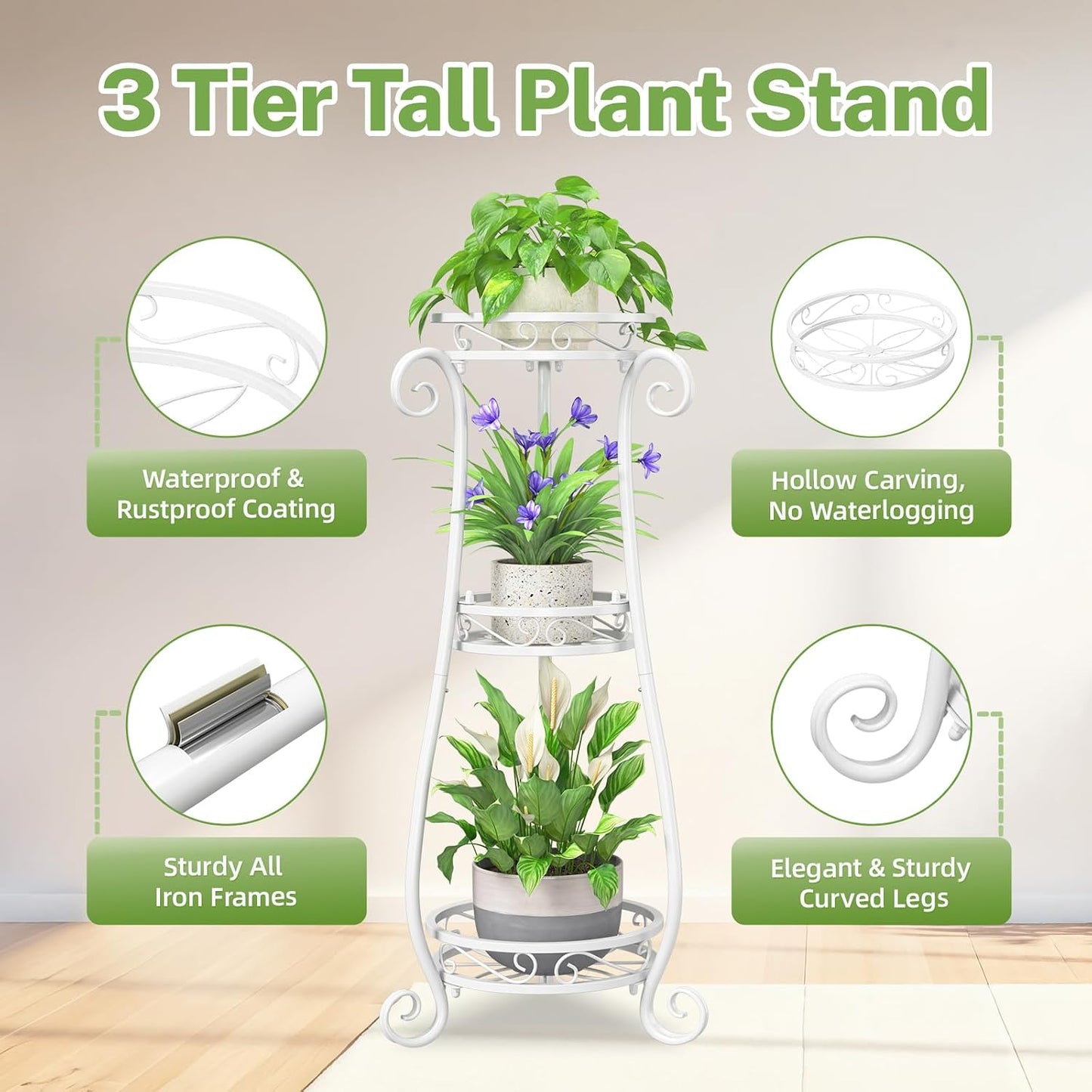 iDavosic.ly 3 Tier Tall Metal Plant Stand Outdoor Indoor, 34 Inch, White | Corner Flower Pot Holder Shelf, Wrought Iron