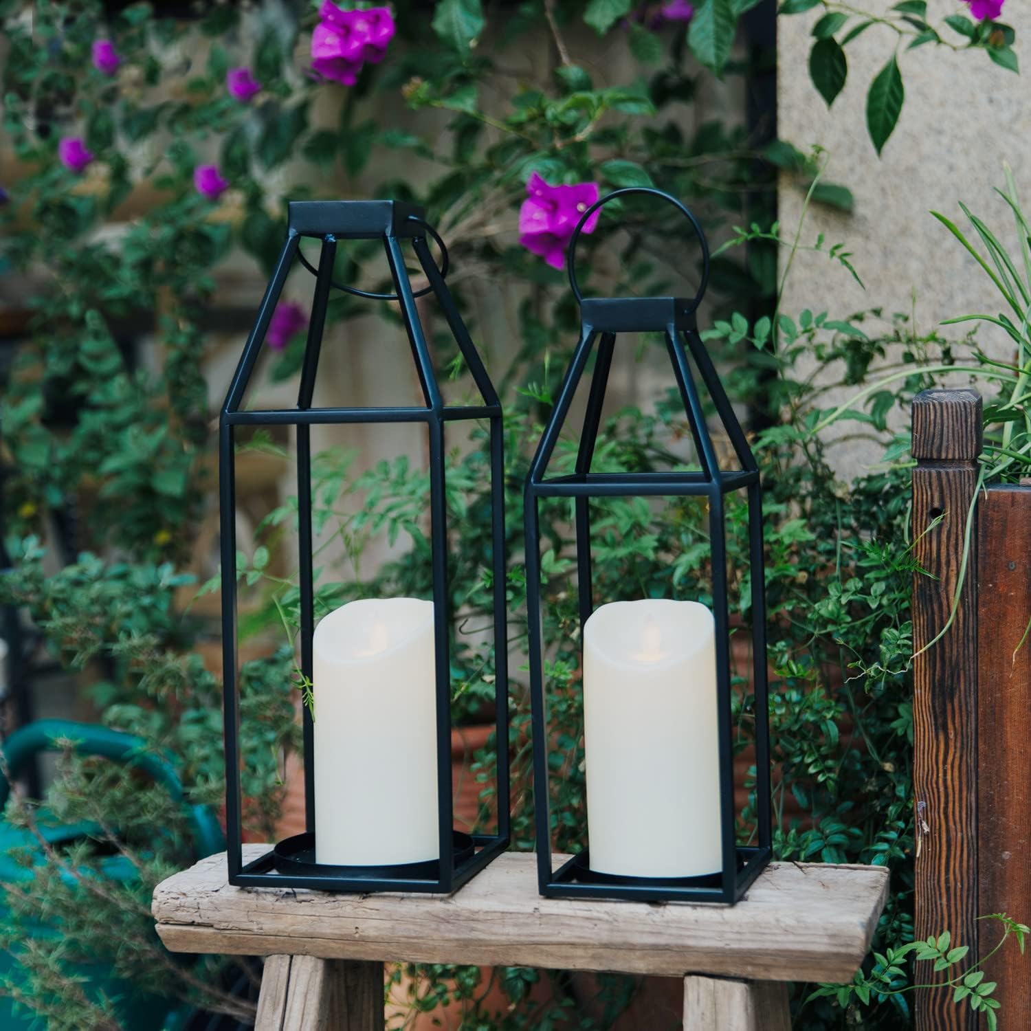 HPC Decor Black Metal Candle Lanterns Set of 2- Lanterns Decorative with Flickering Timer Candles- 17.4'' & 15'' Rustic