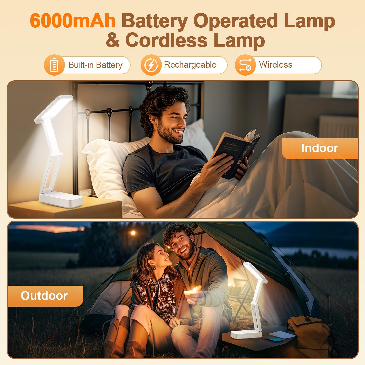 Rechargeable Lamps Cordless Lamps,6000mAh Battery Powered Lamp,3 Colors+Dimmable Desk Light,Rechargeable Table Lamp