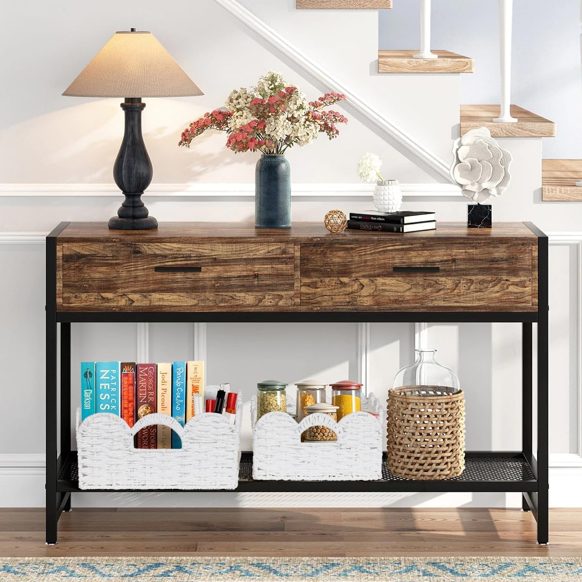 Handles Handwoven Organizer Bin Wicker / White