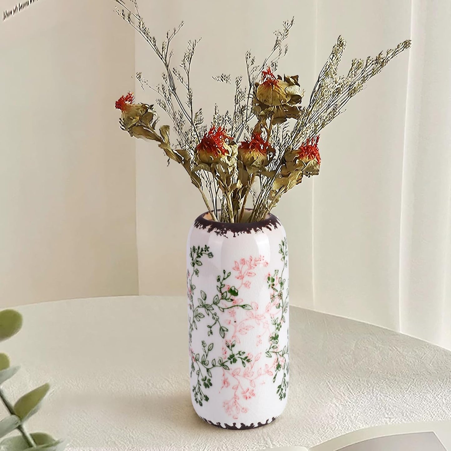 Ceramic Vase for Flowers / Green and Beige