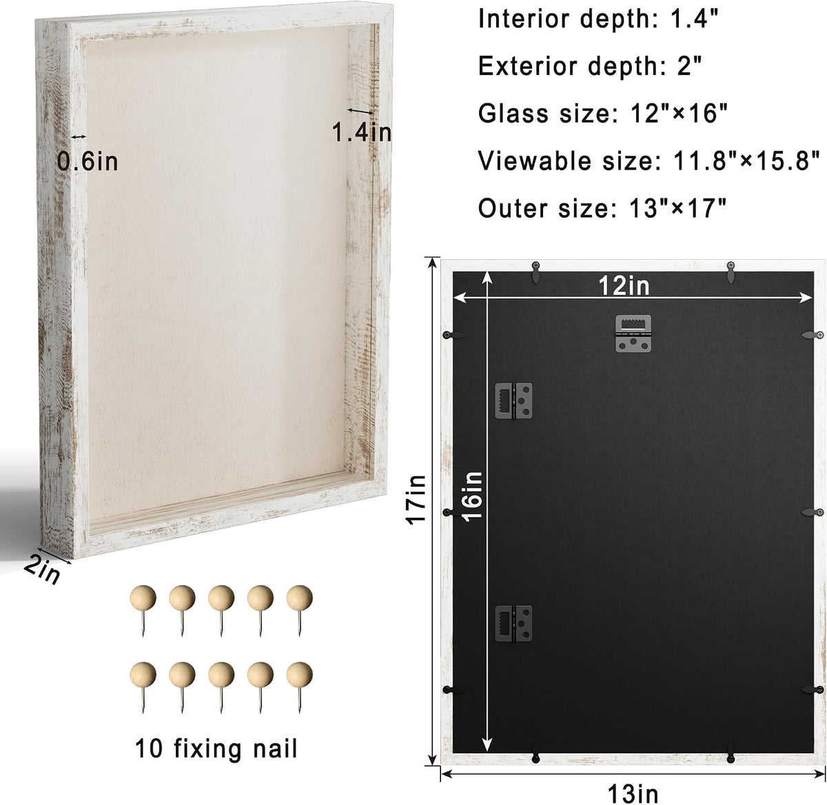 12x16 Large Shadow Box Picture Frame Display Case with Soft Linen Back, Distressed White Wooden Memory Shadow Box Frame