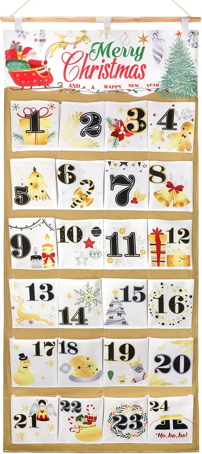 HOWAF Christmas Fabric Advent Calendar, 58 x 128 cm Fillable Advent Calendar 2026, Christmas Countdown Calendar with 24 Large Pockets to Fill Yourself, Hanging Calendar Countdown to Xmas