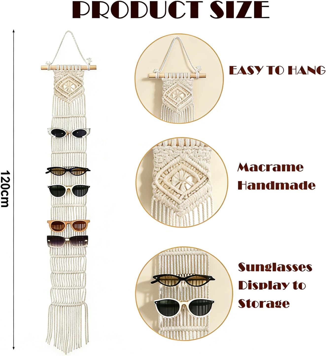Macrame Sunglasses Holder Boho Wall Hanging Minimalist Eyewear Organizer Wall Sunglasses / Nature