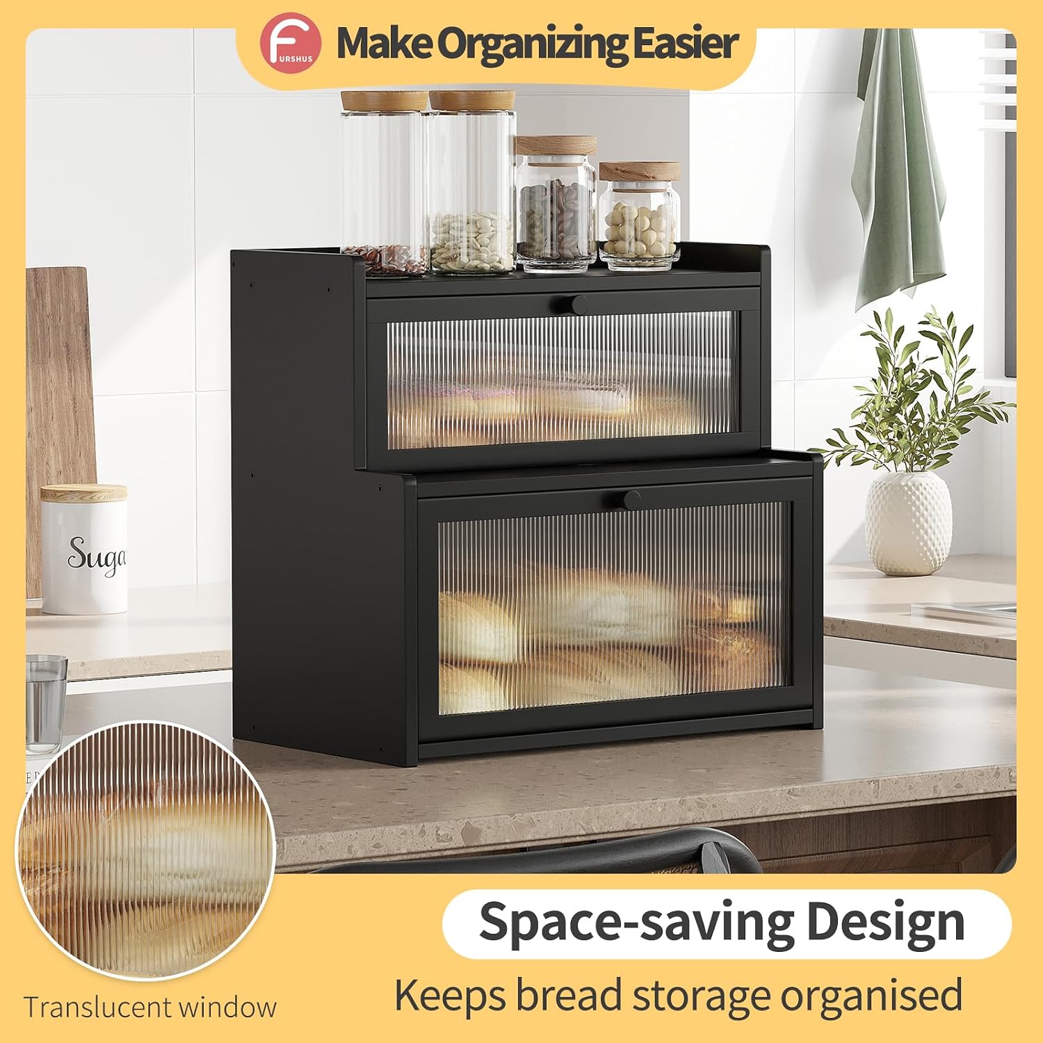 Double Layer Bamboo Bread Box for Kitchen Counter,Bread Holder,Countertop Bread Storage with Window (Black)