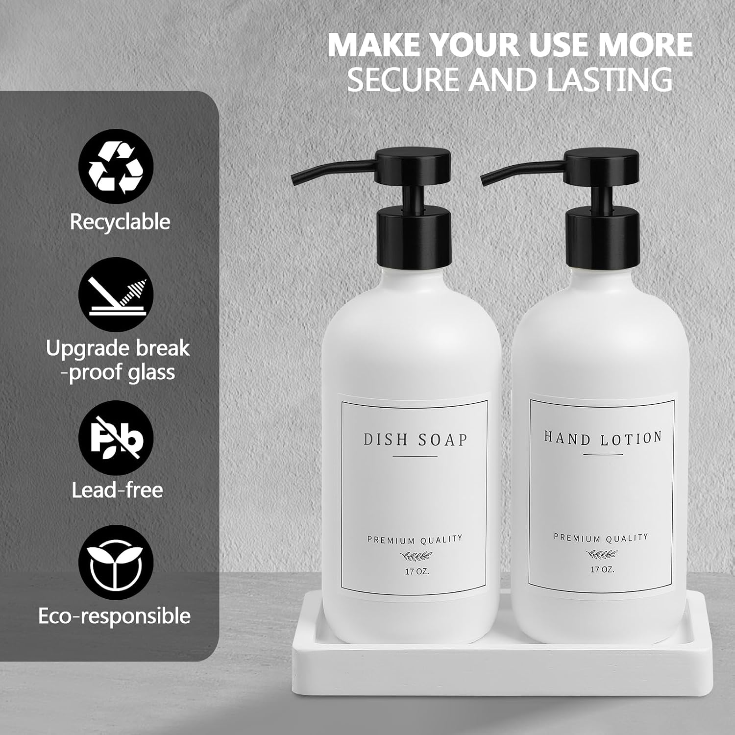 Kitchen Soap Dispenser - Hand and Dish Soap Dispenser Set, Bathroom Glass Soap and Lotion Dispenser with Pump, Tray, 14