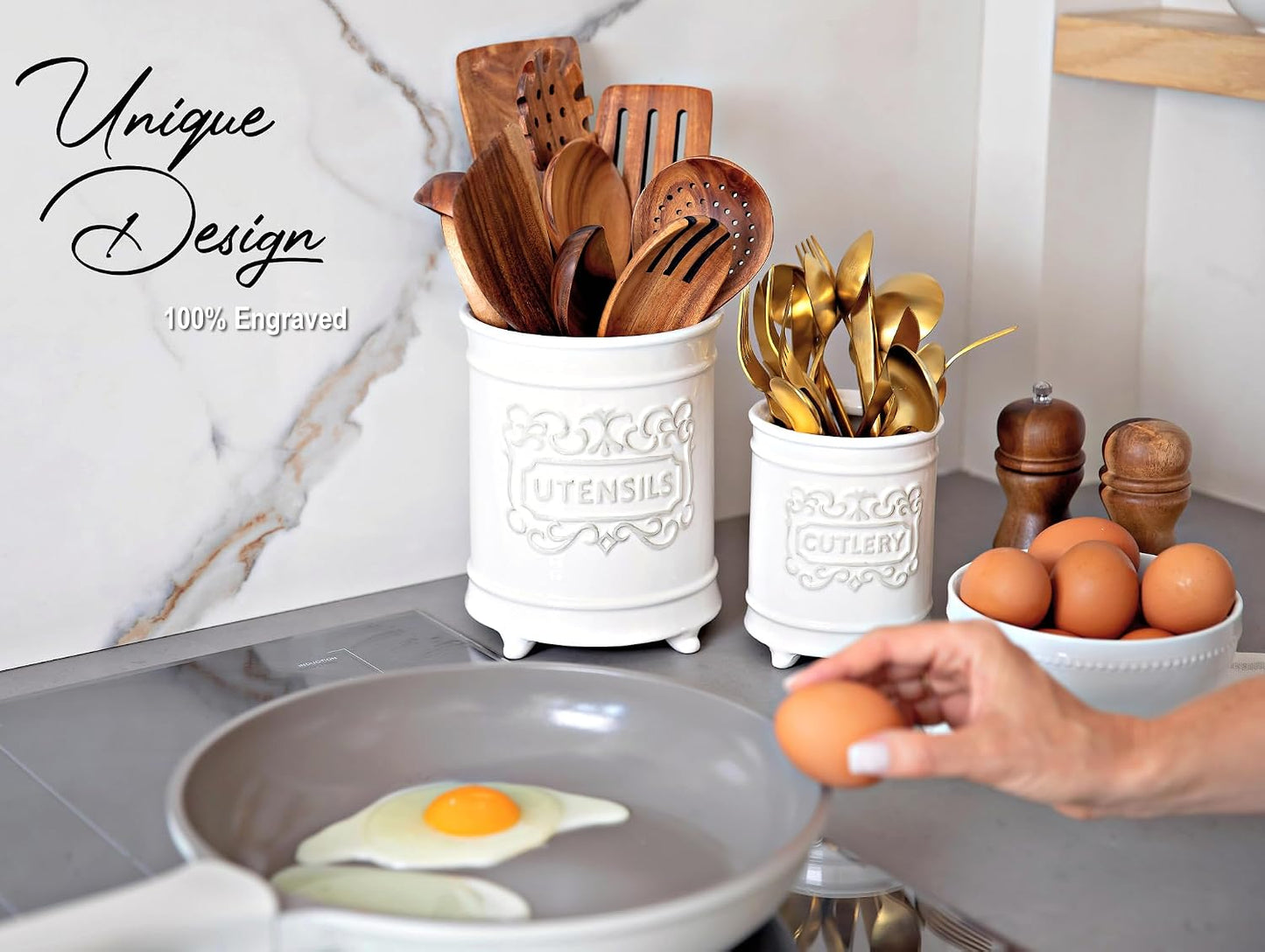 25DOL Large 7.5"+5.5" Elegant Ceramic Utensil Holder for Countertop, Cooking Utensils Organizer for Spatula, Large
